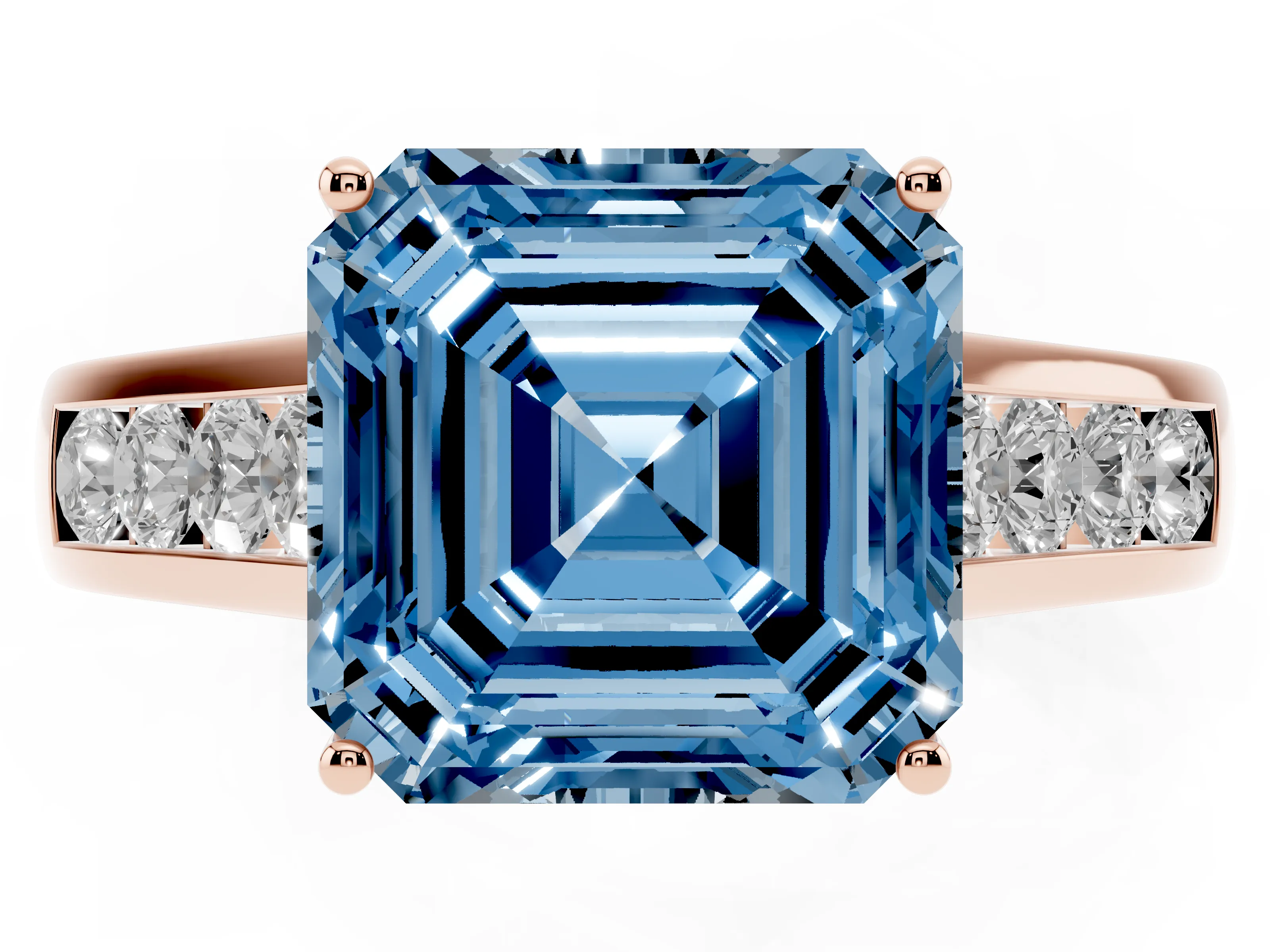 Fancy Blue Asscher Cut Diamond Brilliant Channel-Set Solitaire Ring Set in Rose gold with Prong Setting
