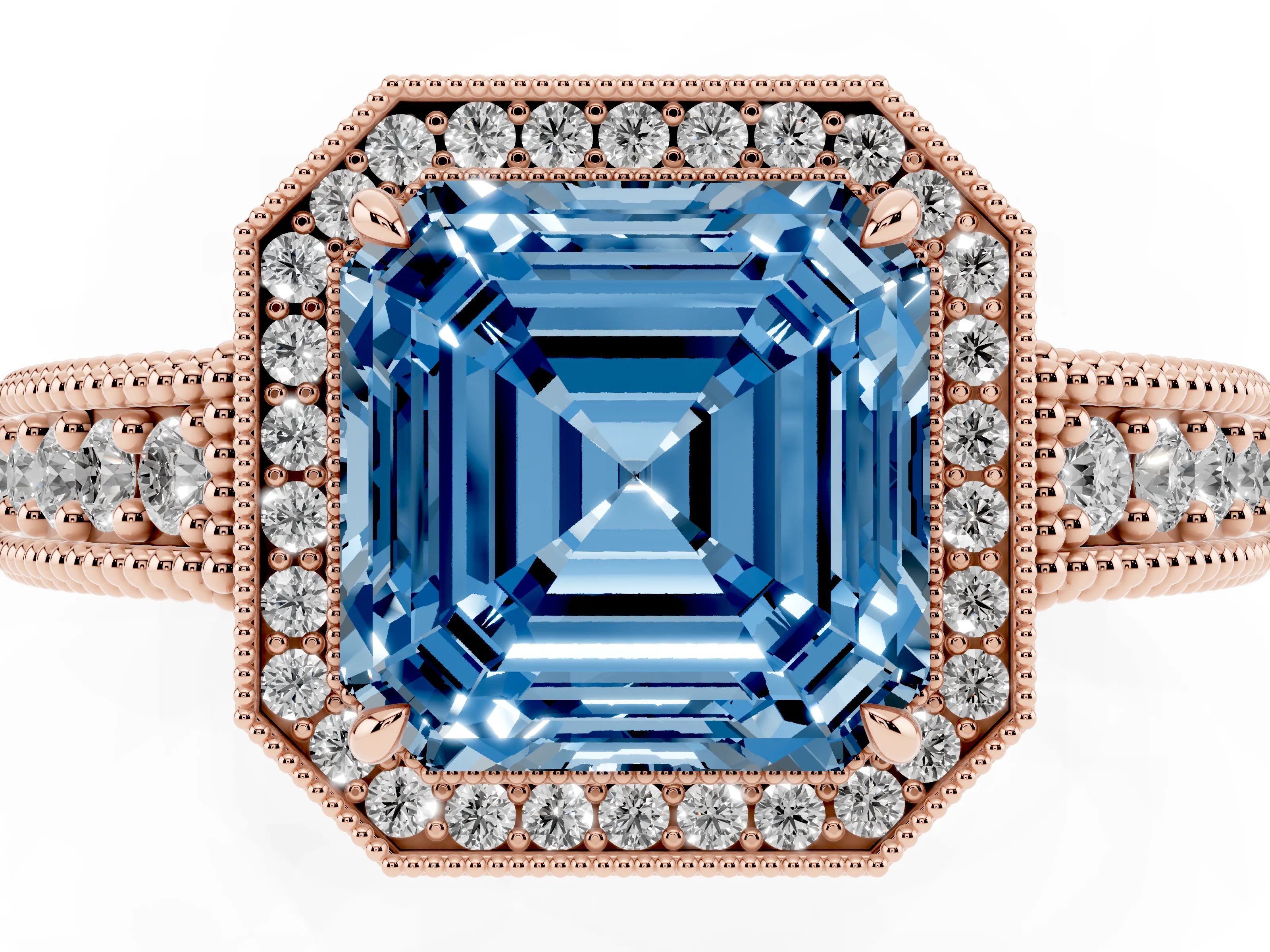 Fancy Blue Asscher Cut Diamond Halo Ring Set in Rose gold with Round Accent Halo, Pavé Band and Prong Setting