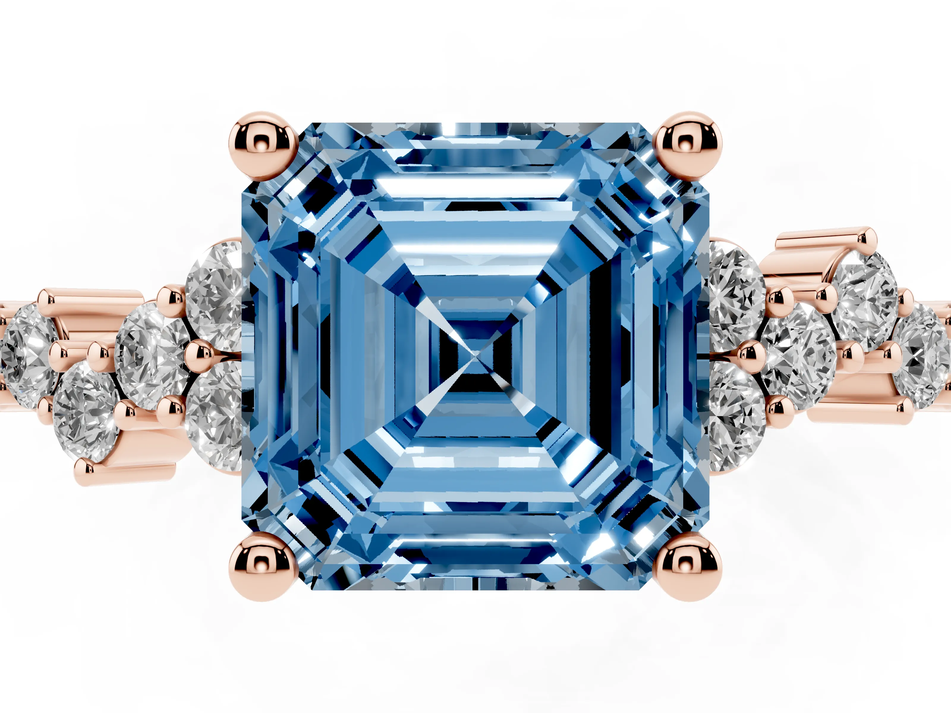 Fancy Blue Asscher Cut Diamond Ring Set in Rose gold with Scattered Round Accents