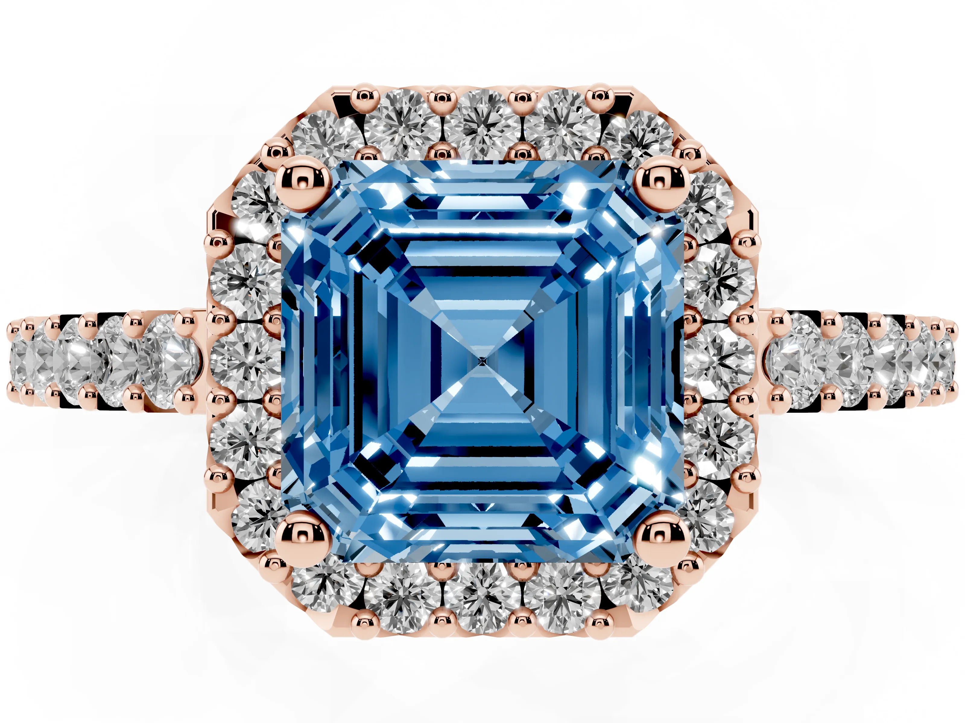 Fancy Blue Asscher Cut Diamond Halo Pavé Solitaire Ring Set in Rose gold with Prong-Set Center Stone