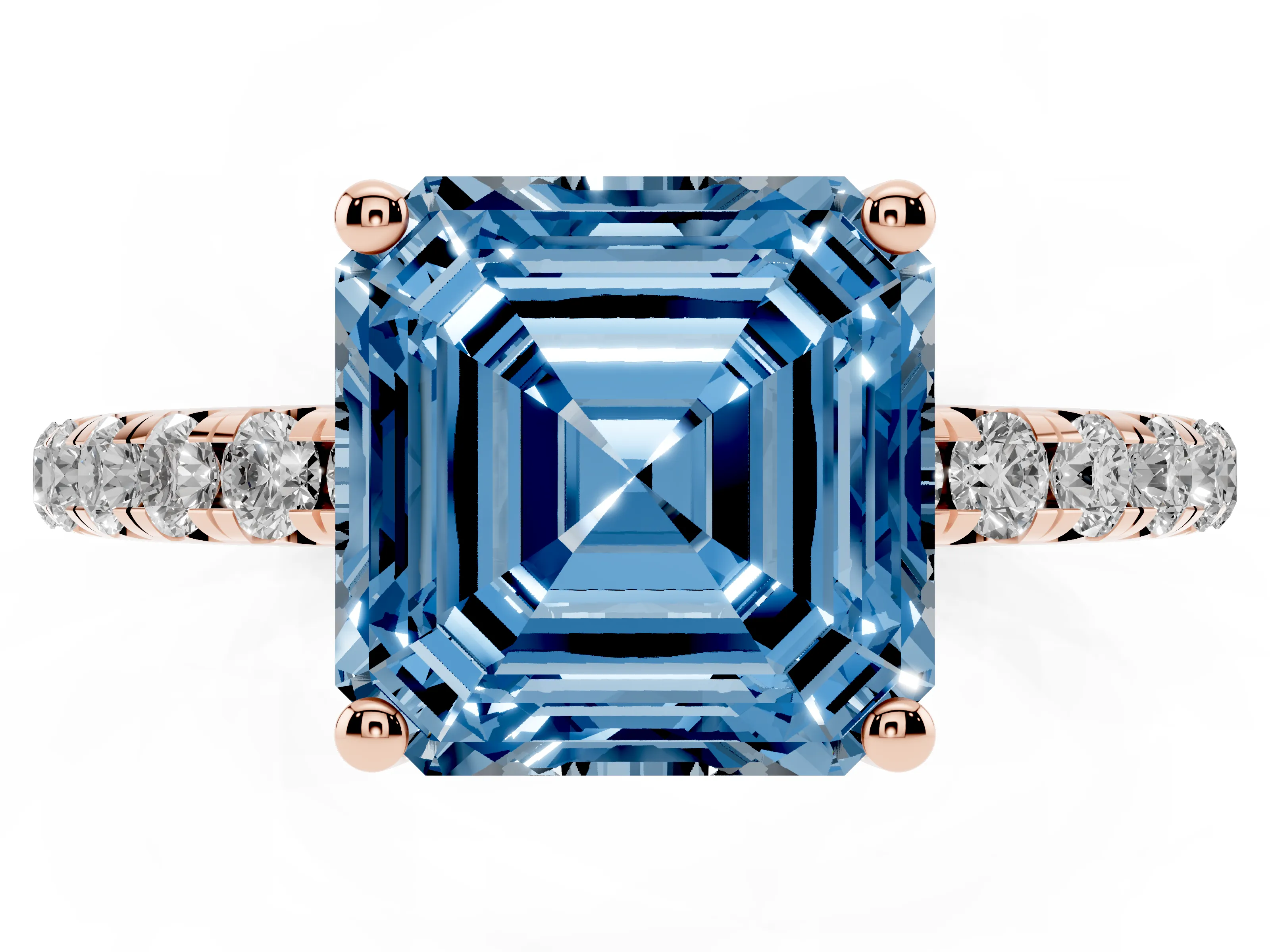 Fancy Blue Asscher Cut Diamond Solitaire Ring Set in Rose gold with Micro Pavé Band and Prong Setting
