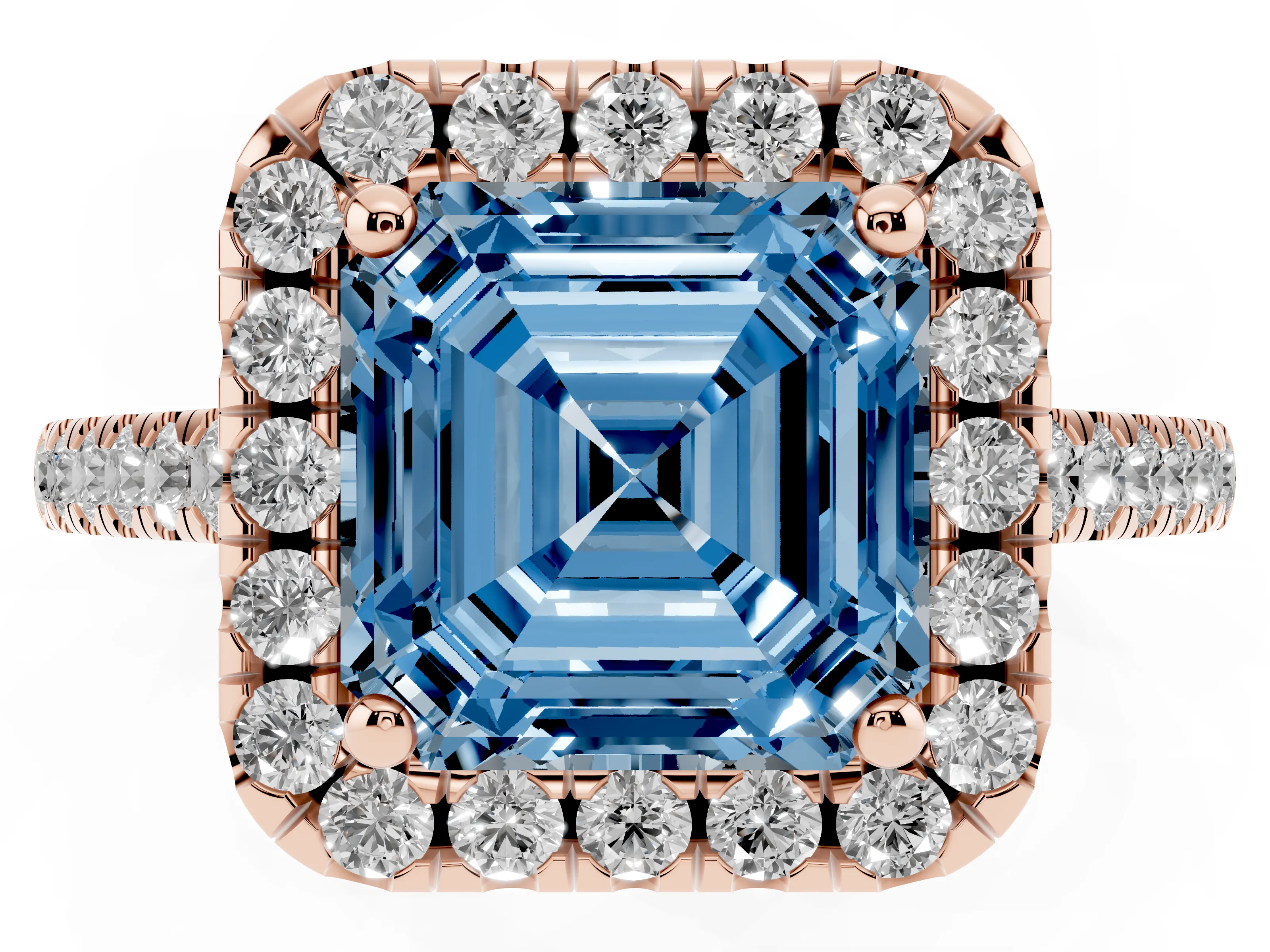Fancy Blue Asscher Cut Diamond Pavé Halo Engagement Ring Set in Rose gold with Pavé Band and Prong Setting