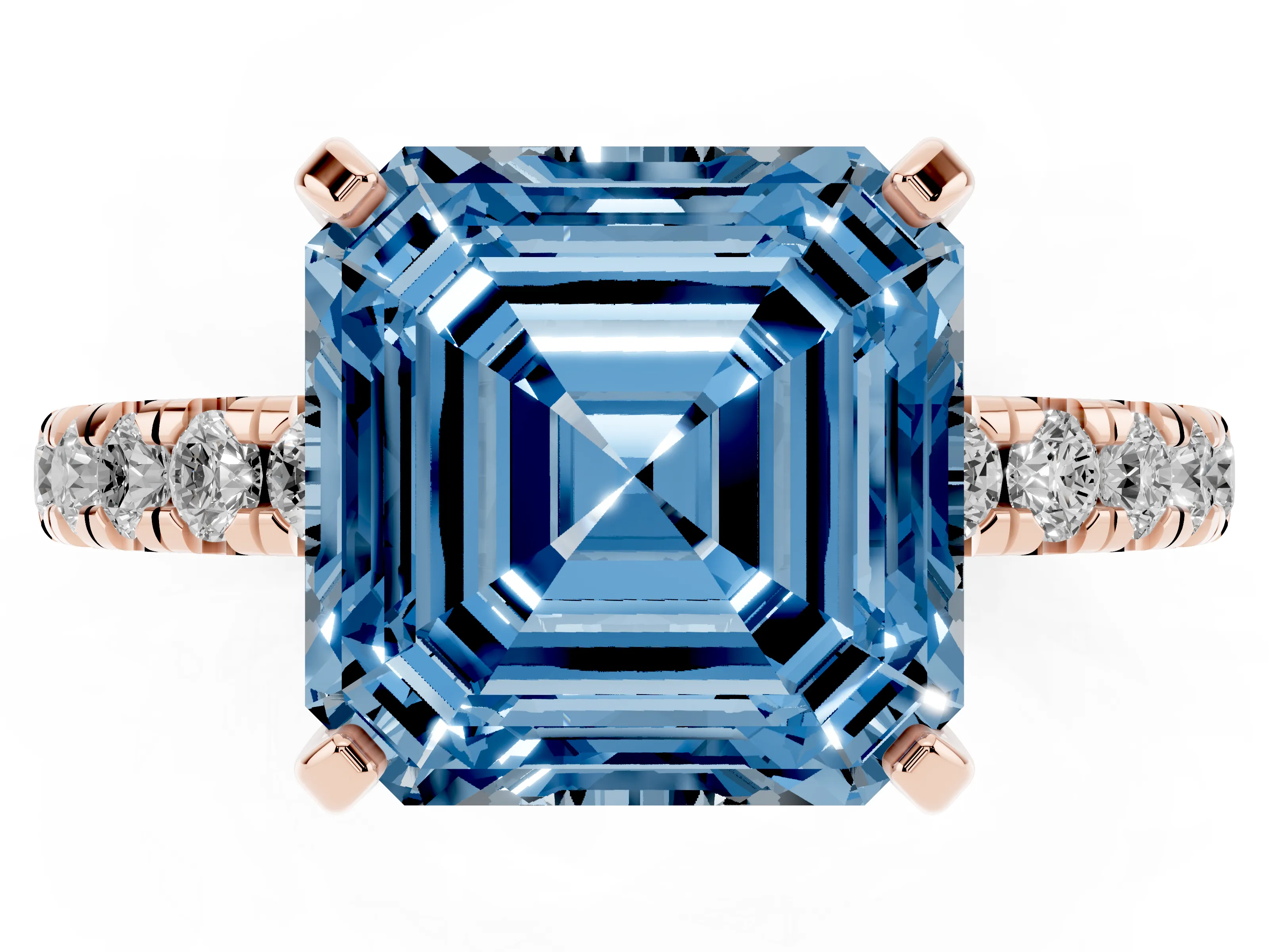 Fancy Blue Asscher Cut Diamond Pavé Solitaire Ring Set in Rose gold with Round Band and Prong Setting