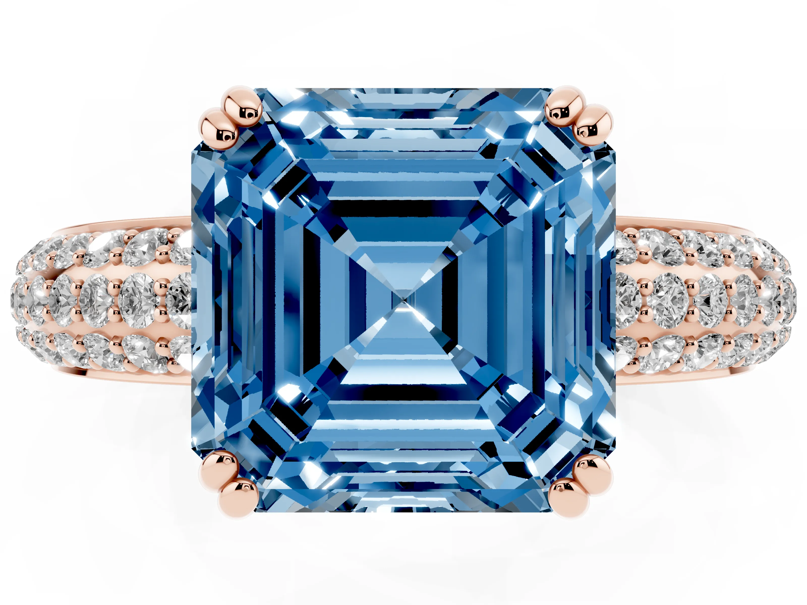 Fancy Blue Asscher Cut Diamond Solitaire Ring Set in Rose gold with Multi-Row Round Pavé Band and Prong Setting