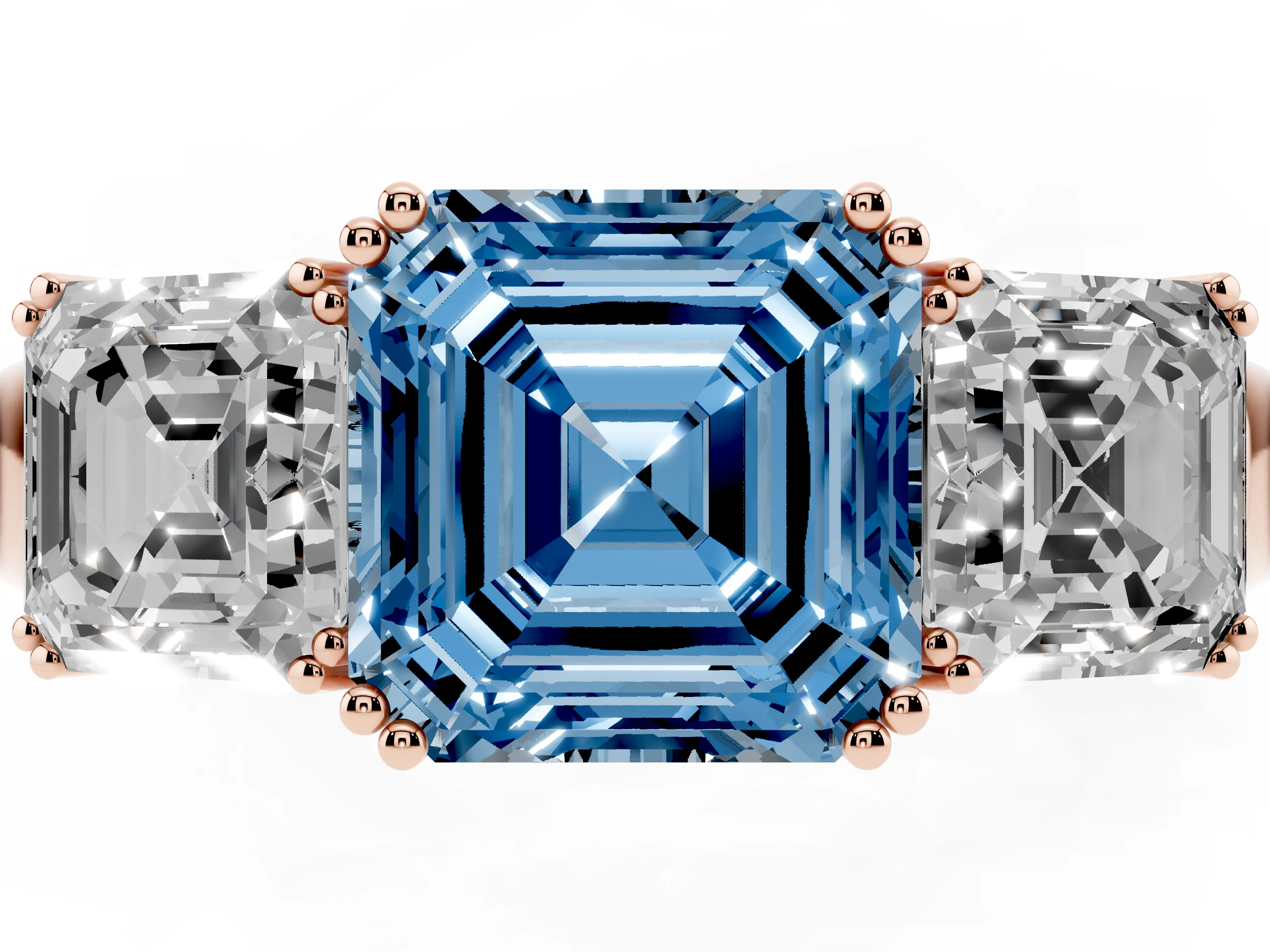 Fancy Blue Asscher Cut Diamond Three-Stone Ring Set in Rose gold with Polished Band and Prong Setting
