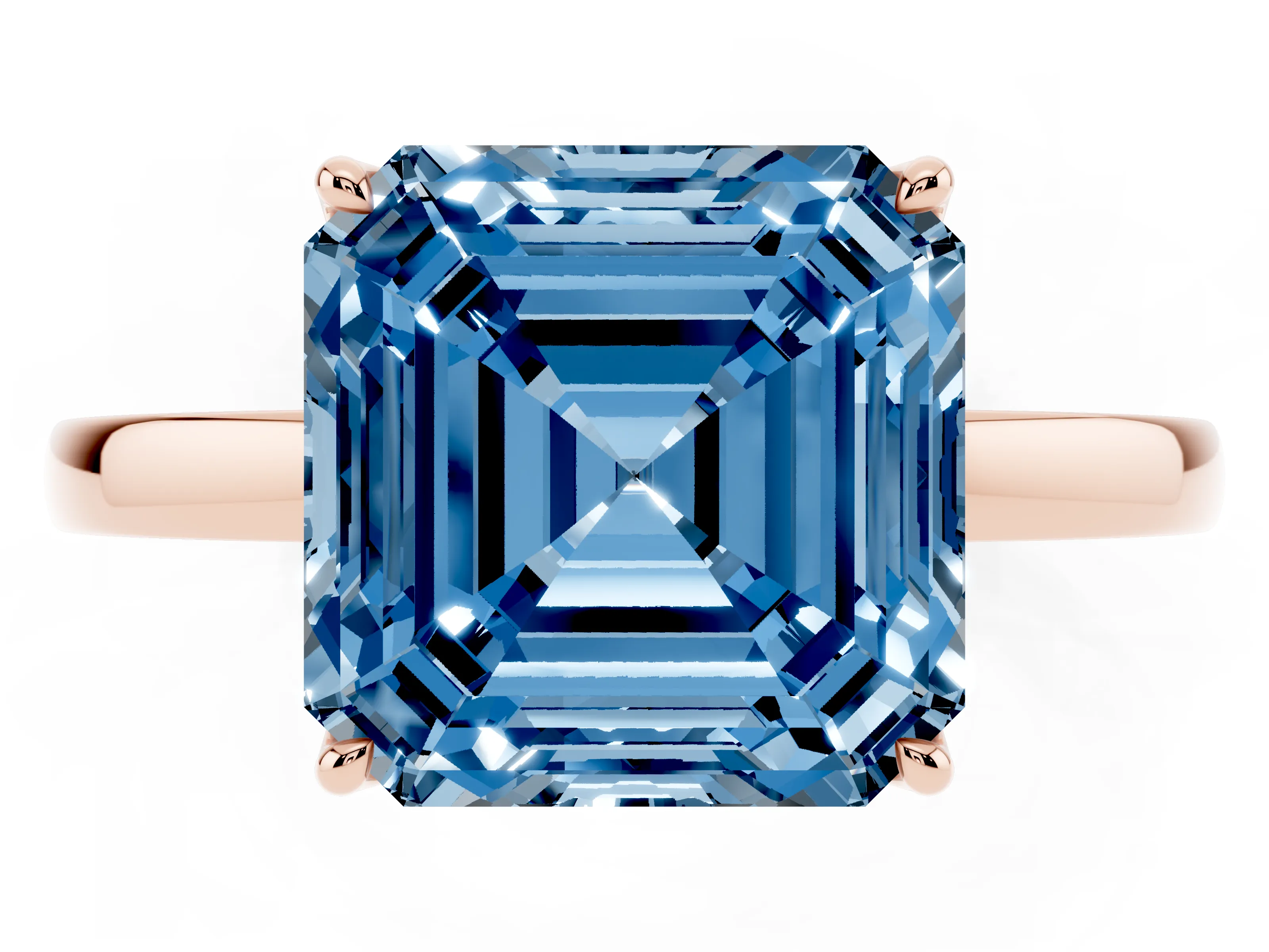 Fancy Blue Asscher Cut Diamond Solitaire Ring Set in Rose gold with Prong Setting and Thin Polished Band