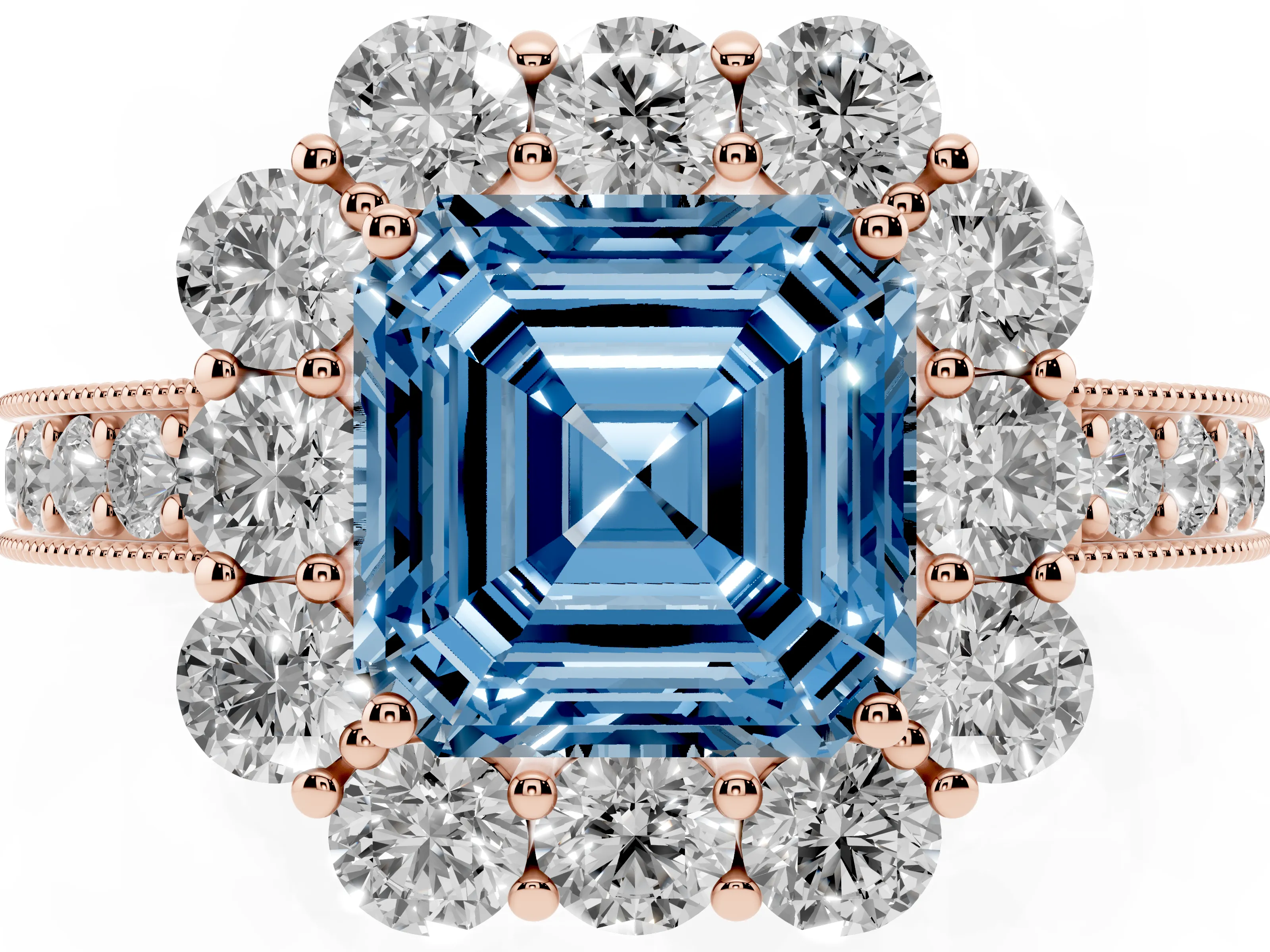Fancy Blue Asscher Cut Diamond Halo Pavé Engagement Ring Set in Rose gold with Milgrain Detailing