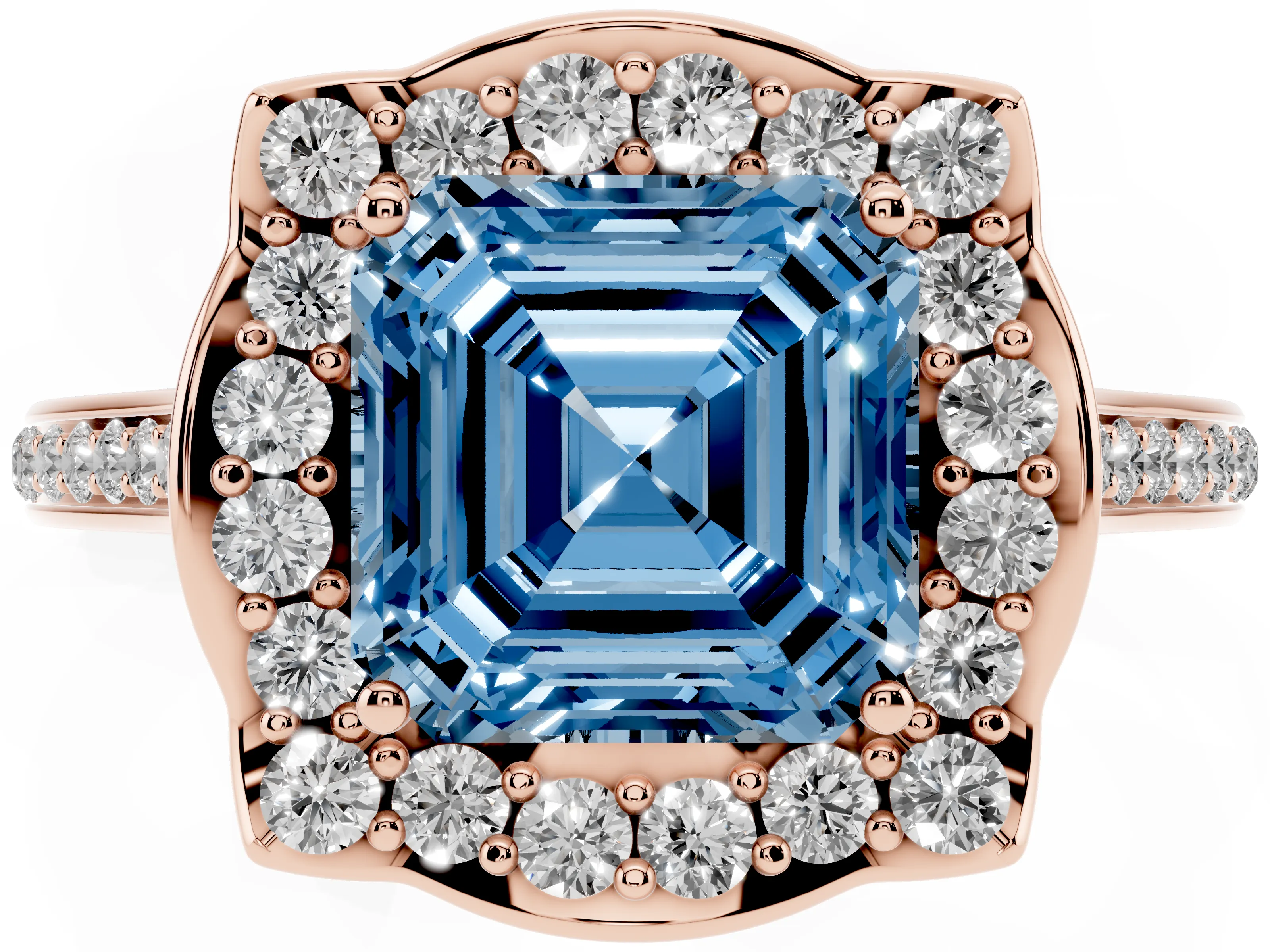 Fancy Blue Asscher Cut Diamond Halo Ring Set in Rose gold with Pavé-Lined Shoulders and Prong Setting
