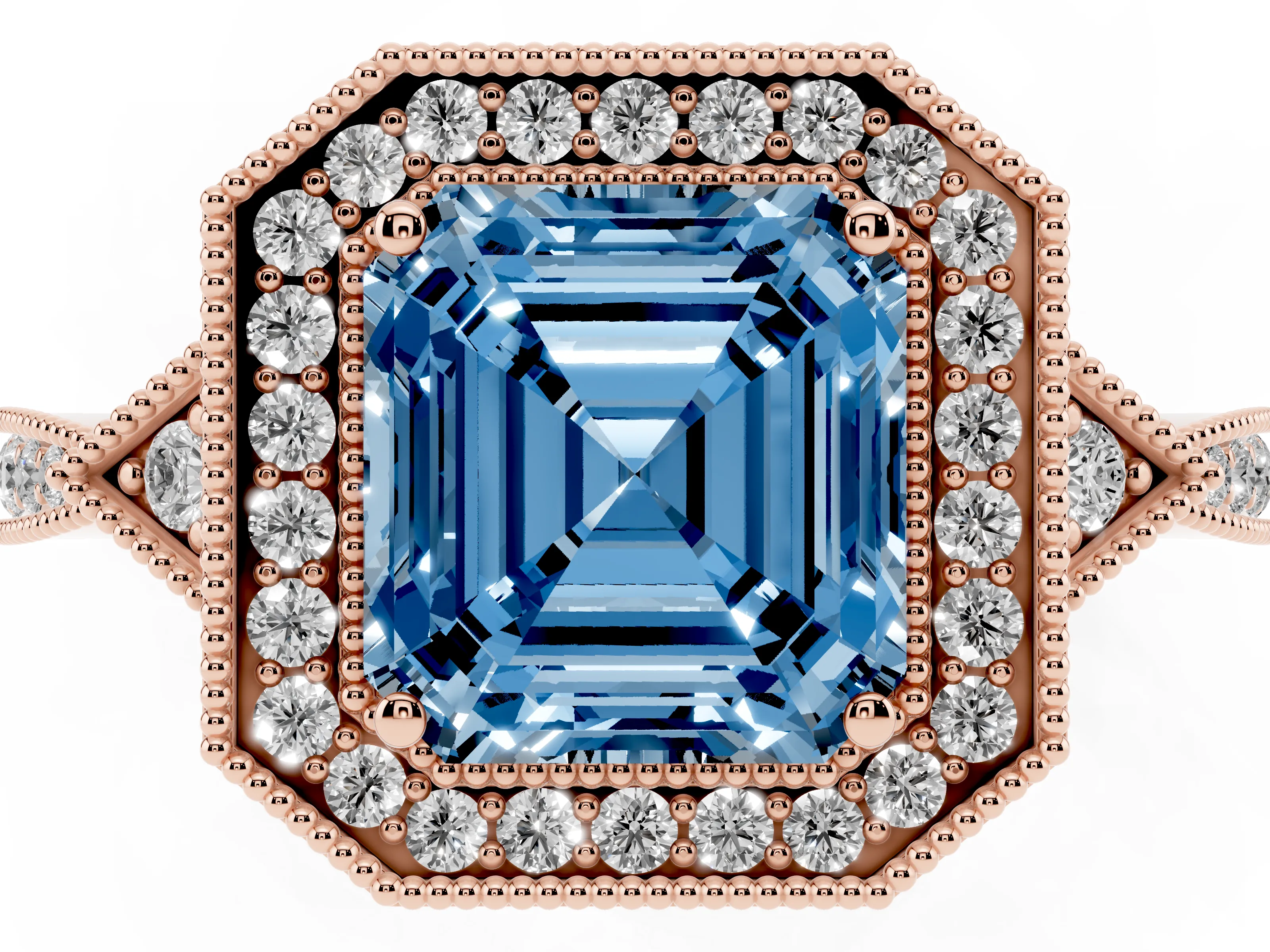Fancy Blue Asscher Cut Diamond Halo Engagement Ring Set in Rose gold with Milgrain Pavé Band