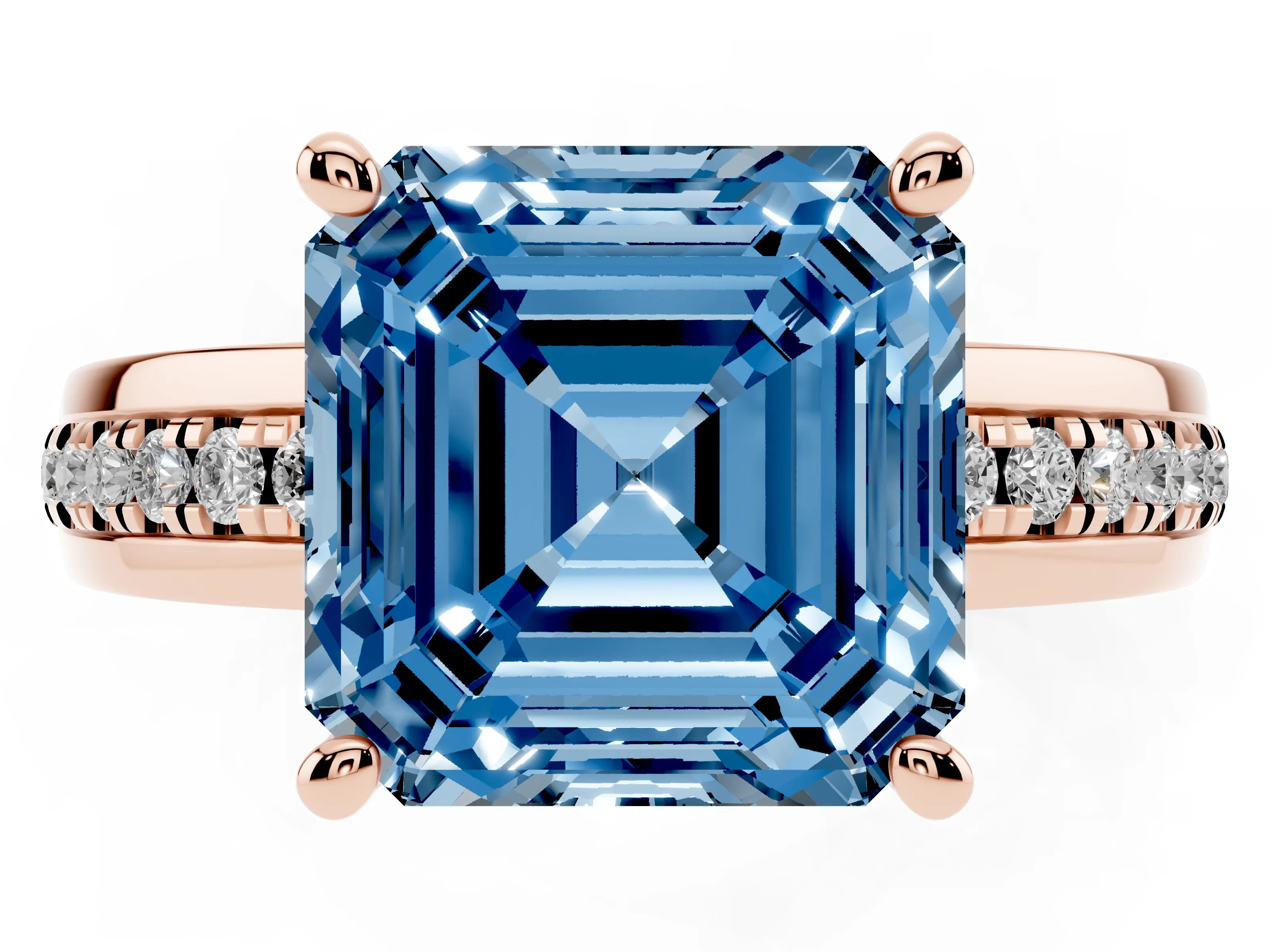 Fancy Blue Asscher Cut Diamond Solitaire Ring Set in Rose gold with Channel Set Band and Prong Setting