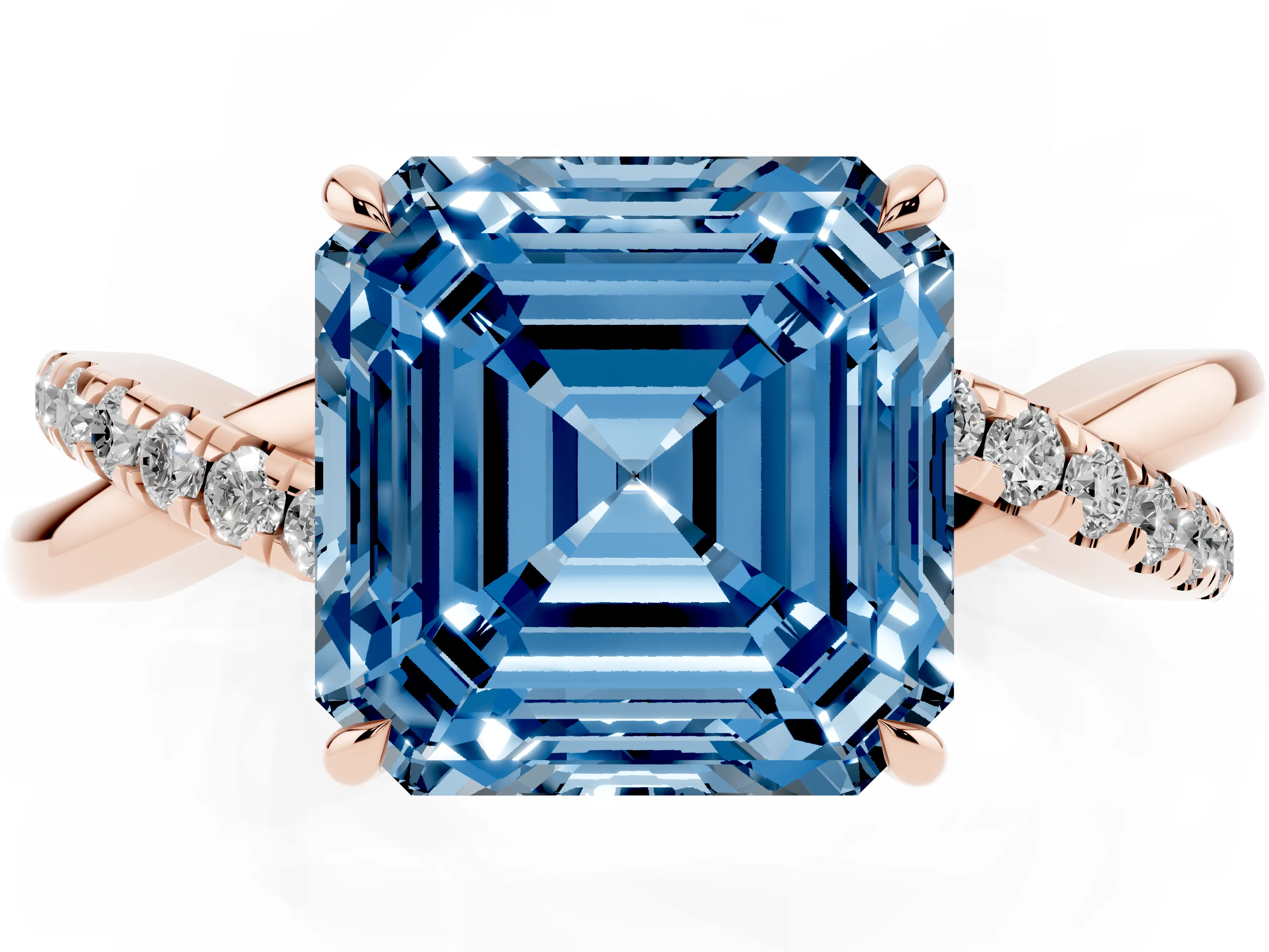 Fancy Blue Asscher Cut Diamond Twisted Pavé Band Ring Set in Rose gold with Prong Setting