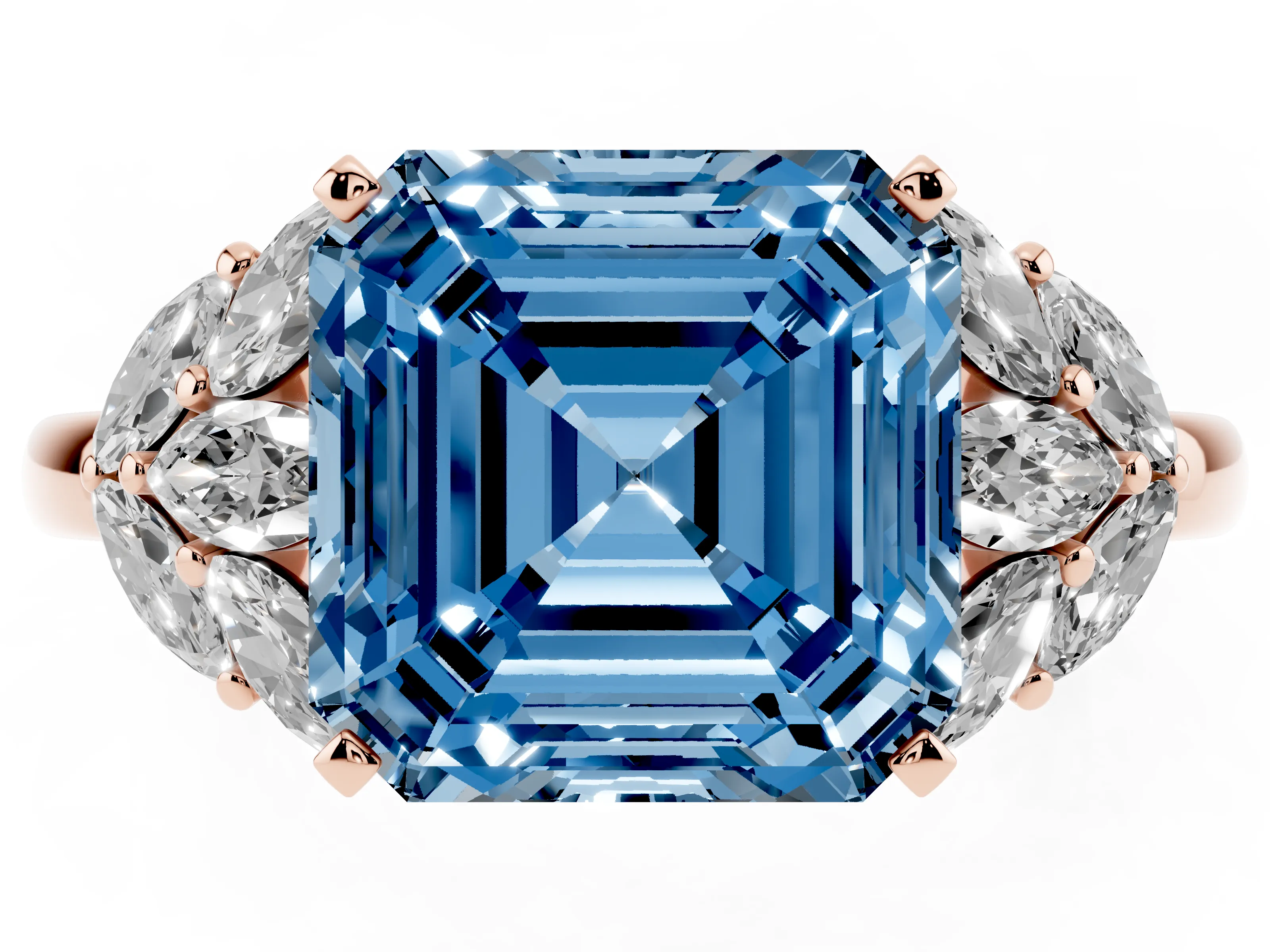 Fancy Blue Asscher Cut Diamond Cluster Leaf Design Ring Set in Rose gold with Prong Setting