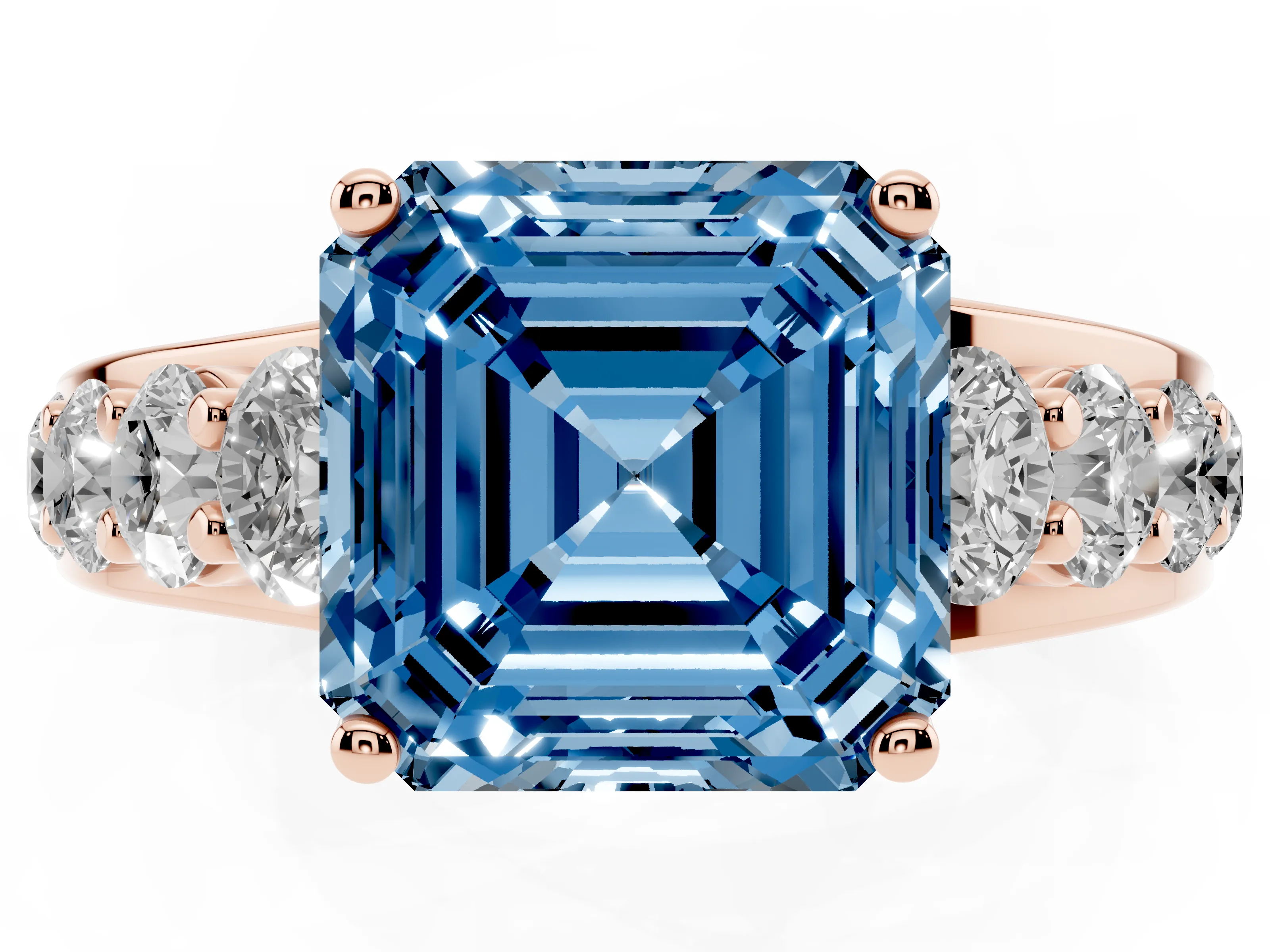 Fancy Blue Asscher Cut Diamond Pavé Engagement Ring Set in Rose gold with Prong Setting