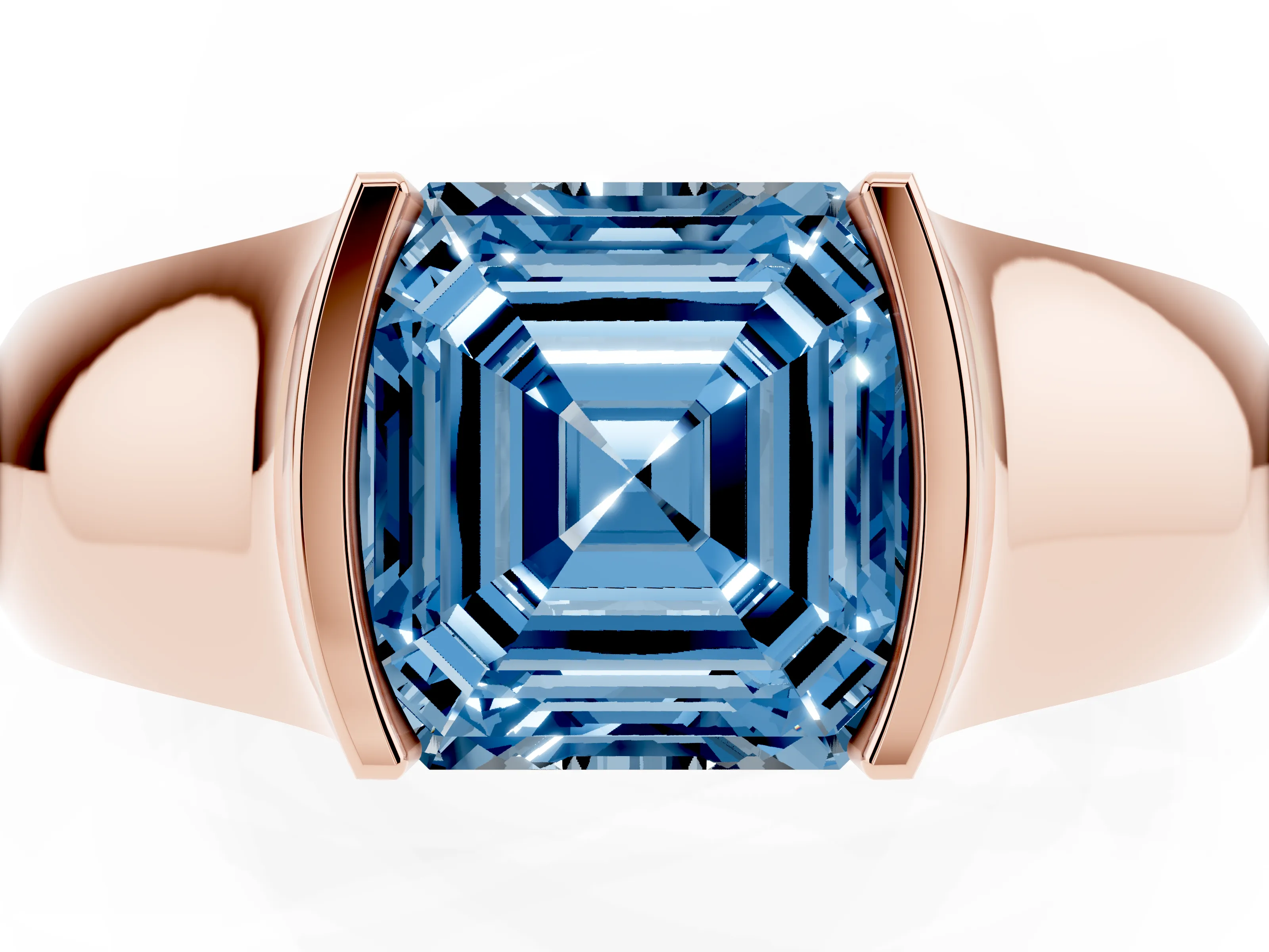 Fancy Blue Asscher Cut Diamond Bezel Solitaire Ring Set in Rose gold with Wide Band