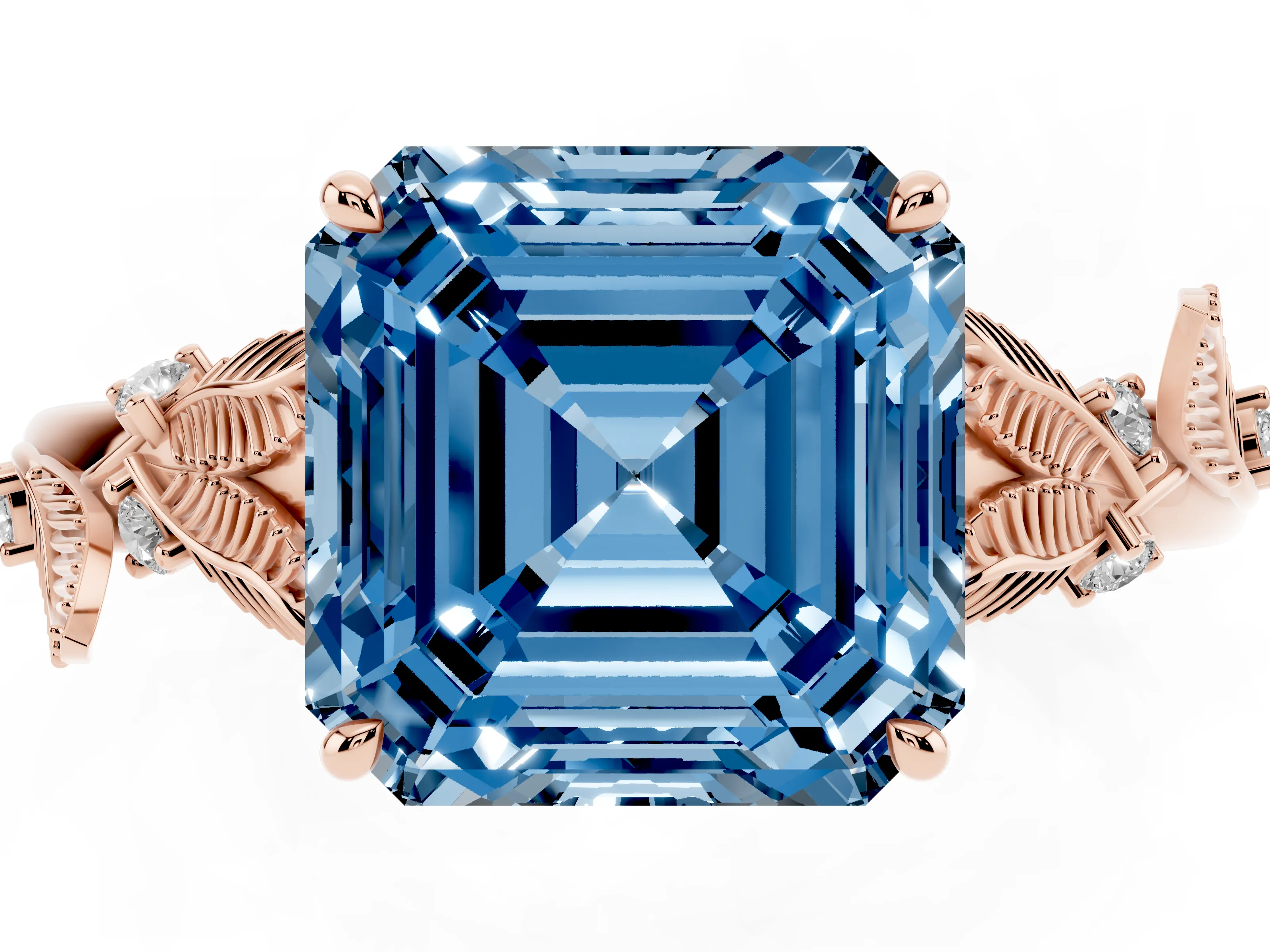 Fancy Blue Asscher Cut Diamond Solitaire Ring Set in Rose gold with Leaf Motif Band