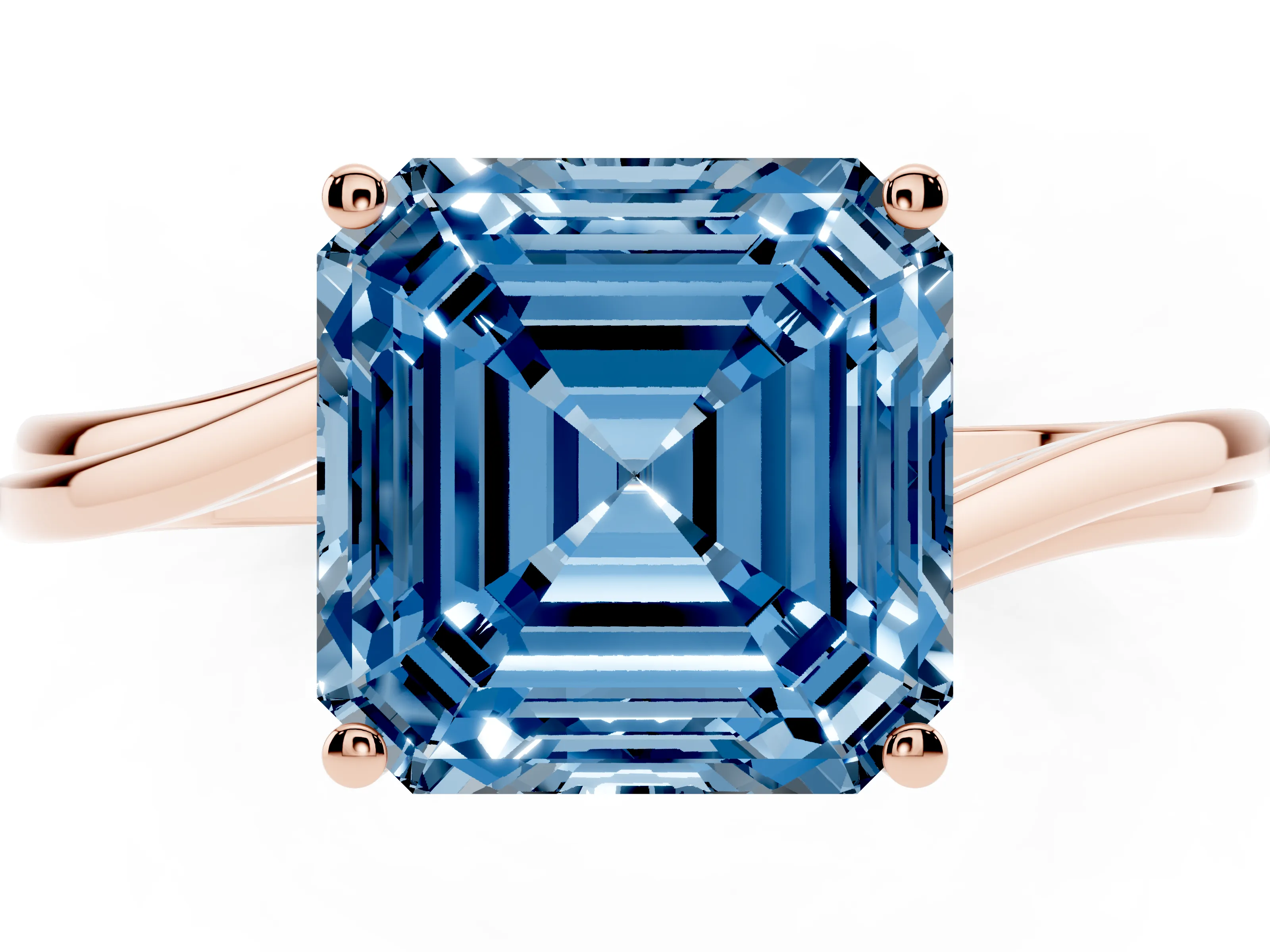 Fancy Blue Asscher Cut Diamond Solitaire Twist Band Ring Set in Rose gold with Prong Setting