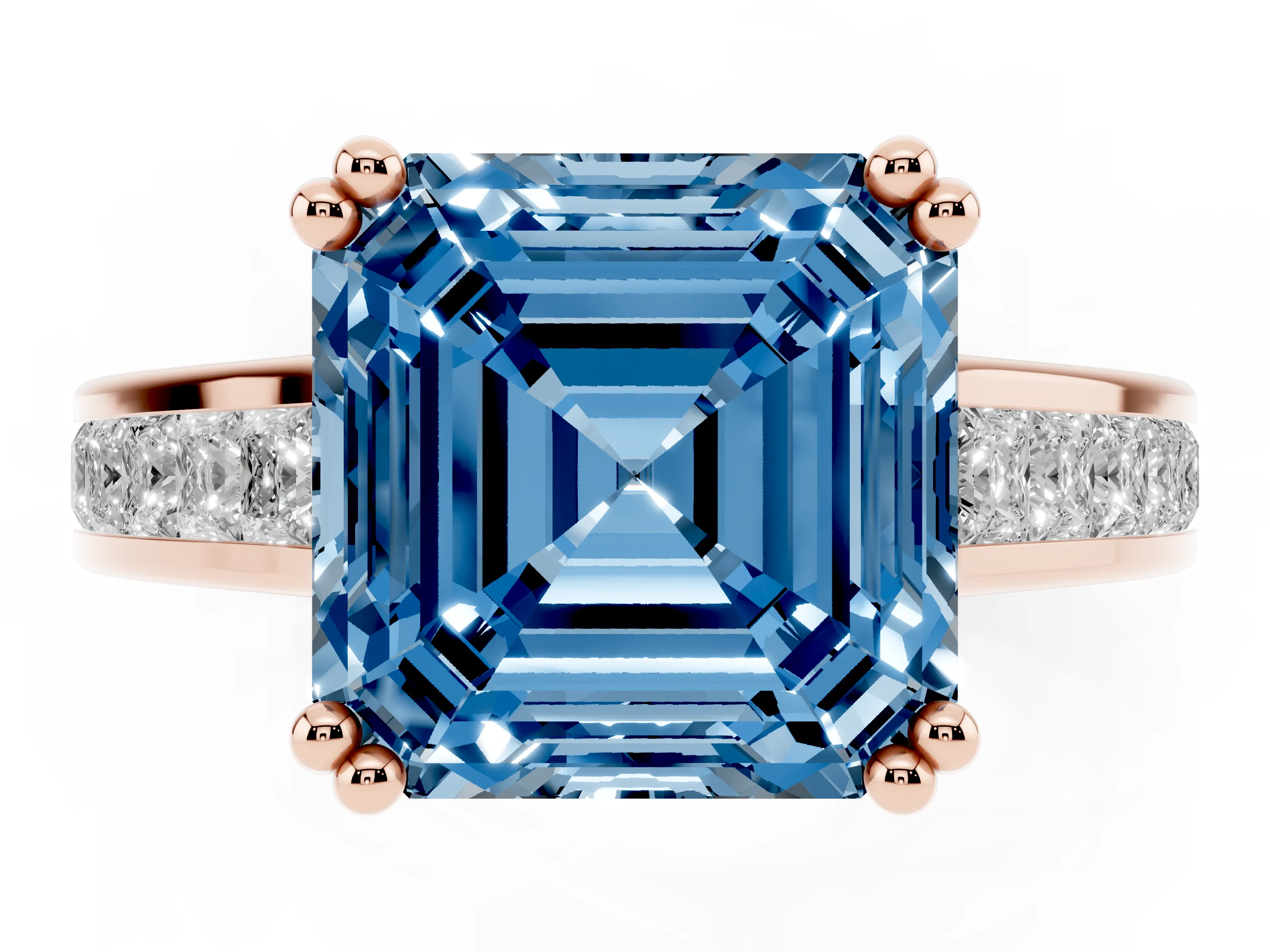 Fancy Blue Asscher Cut Diamond Channel Set Solitaire Engagement Ring Set in Rose gold with Prong Setting