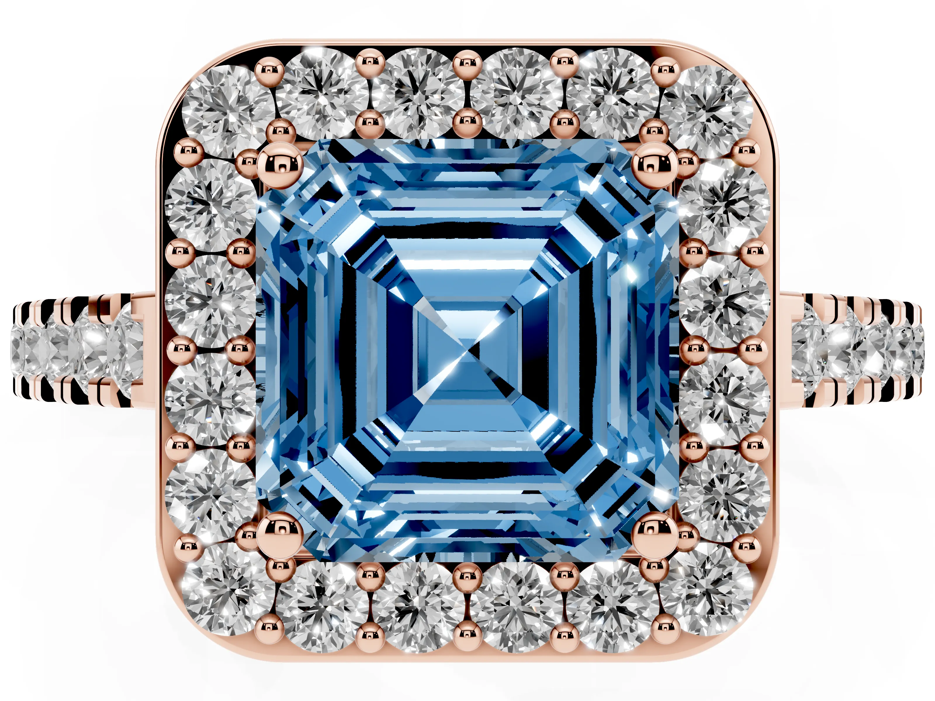 Fancy Blue Asscher Cut Diamond Halo Ring Set in Rose gold with Round Pavé Split Shank and Prong Setting