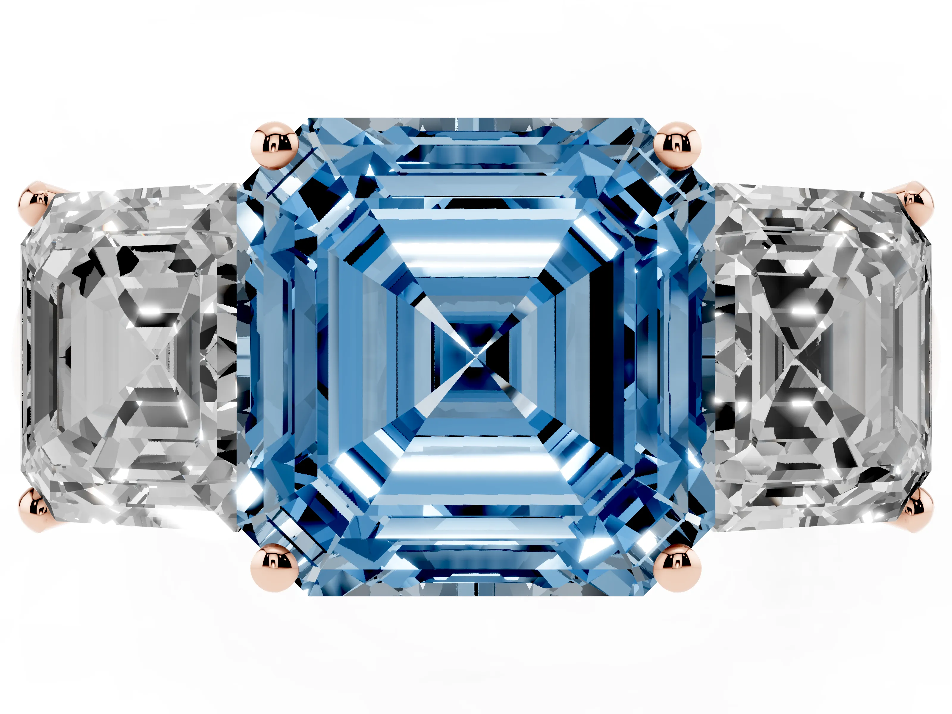 Fancy Blue Asscher Cut Diamond Three-Stone Ring Set in Rose gold with Classic Prong Setting and Plain Band
