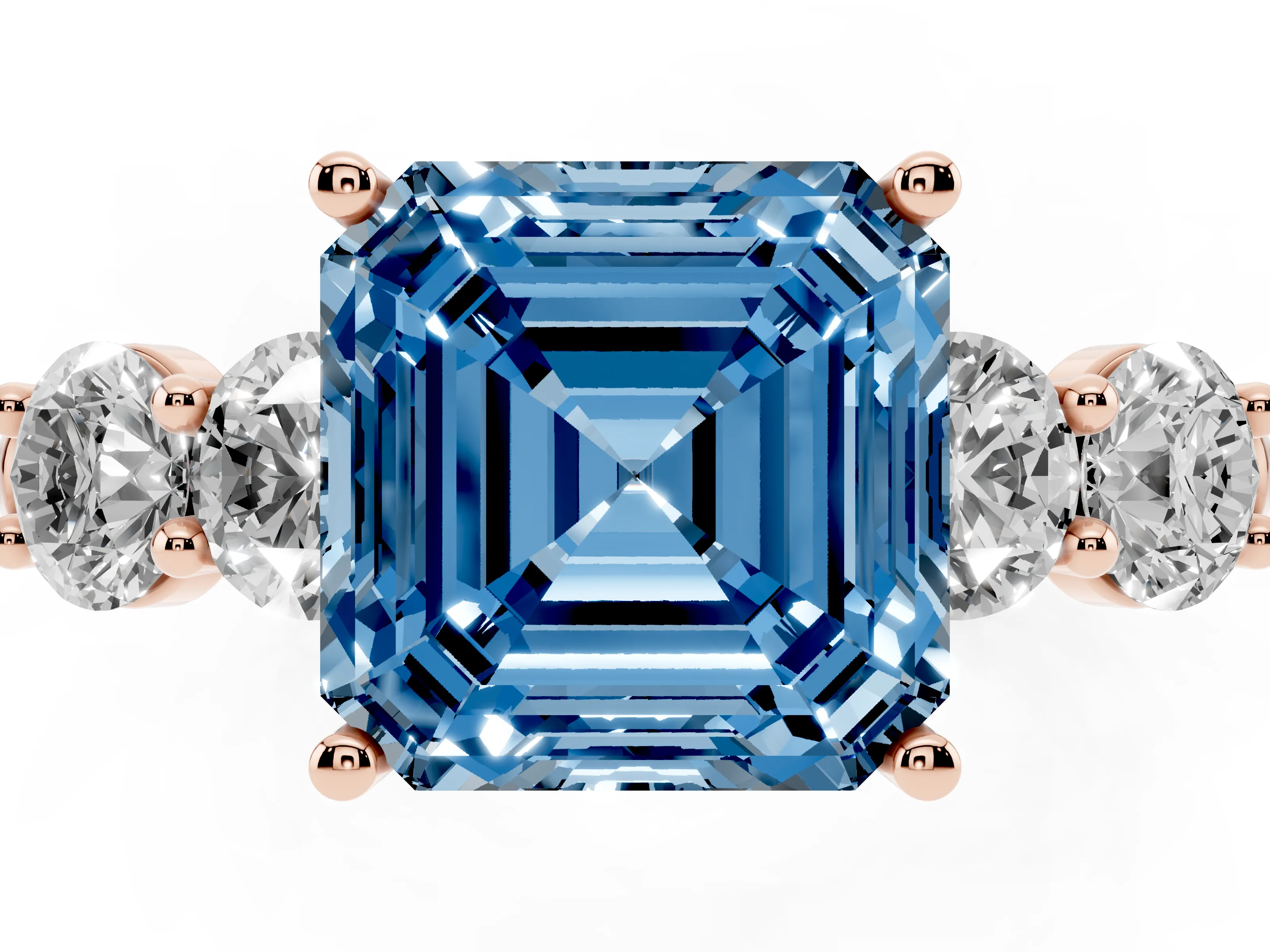 Fancy Blue Asscher Cut Diamond Five-Stone Prong Set Ring Set in Rose gold with Classic Band