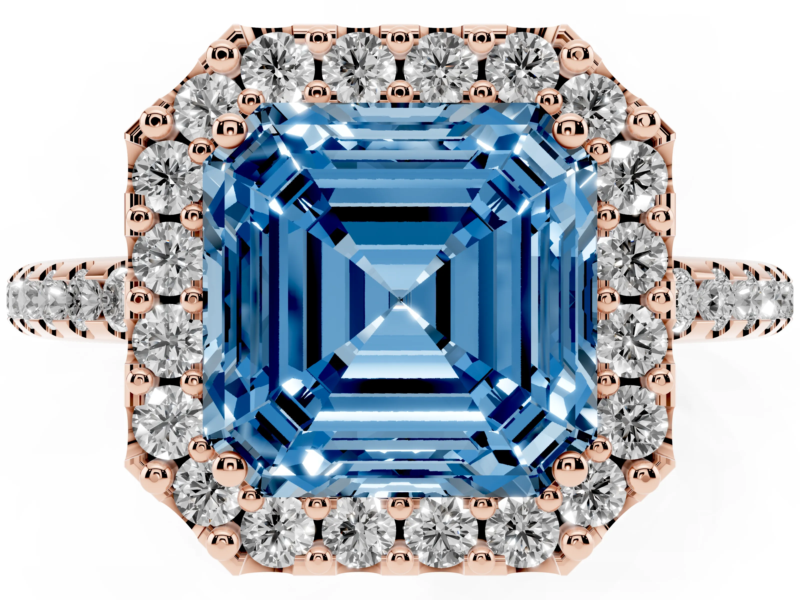 Fancy Blue Asscher Cut Diamond Pavé Halo Ring Set in Rose gold with Prong Setting