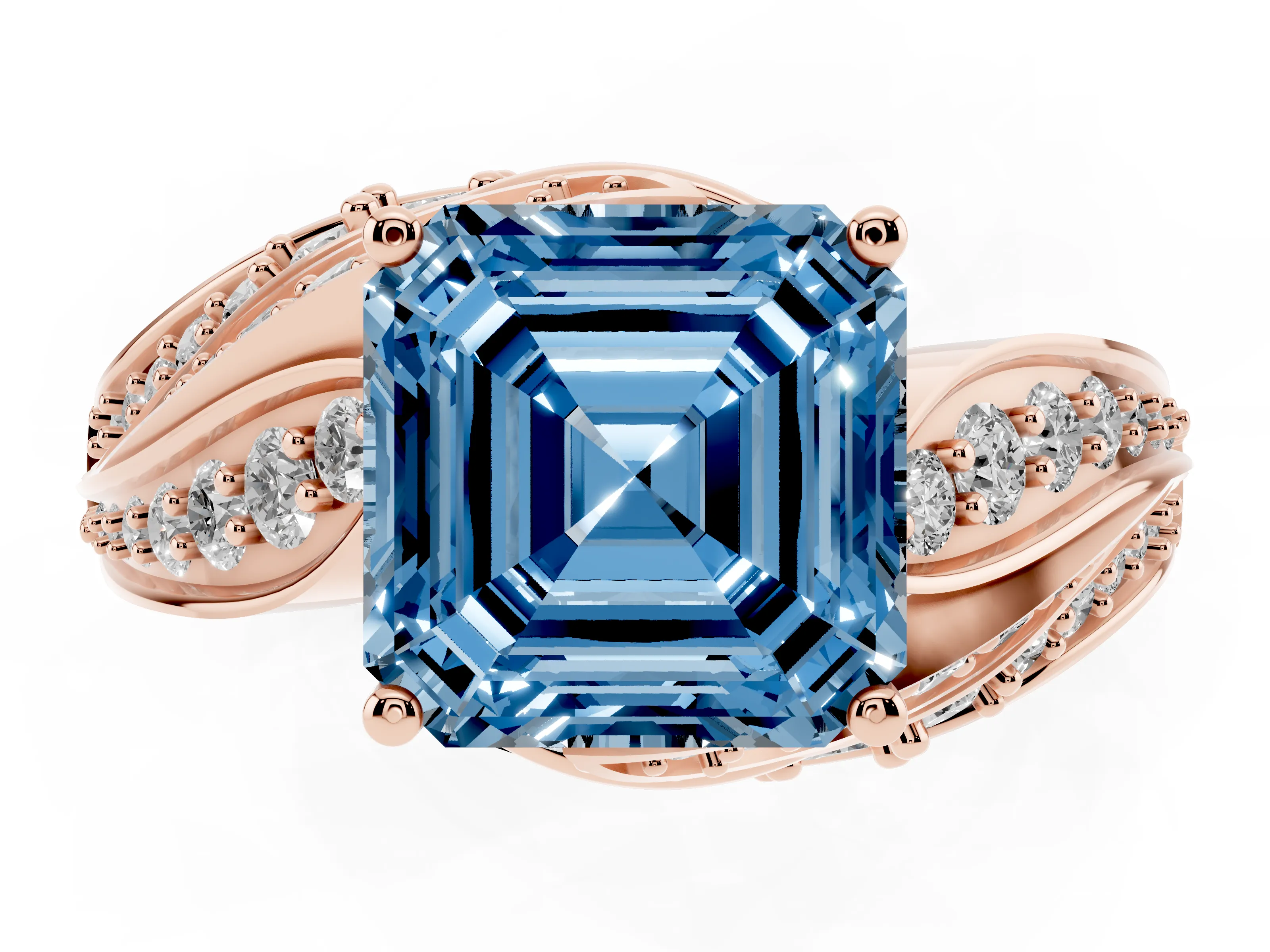 Fancy Blue Asscher Cut Diamond Solitaire Ring Set in Rose gold with Layered Twist Pavé Band