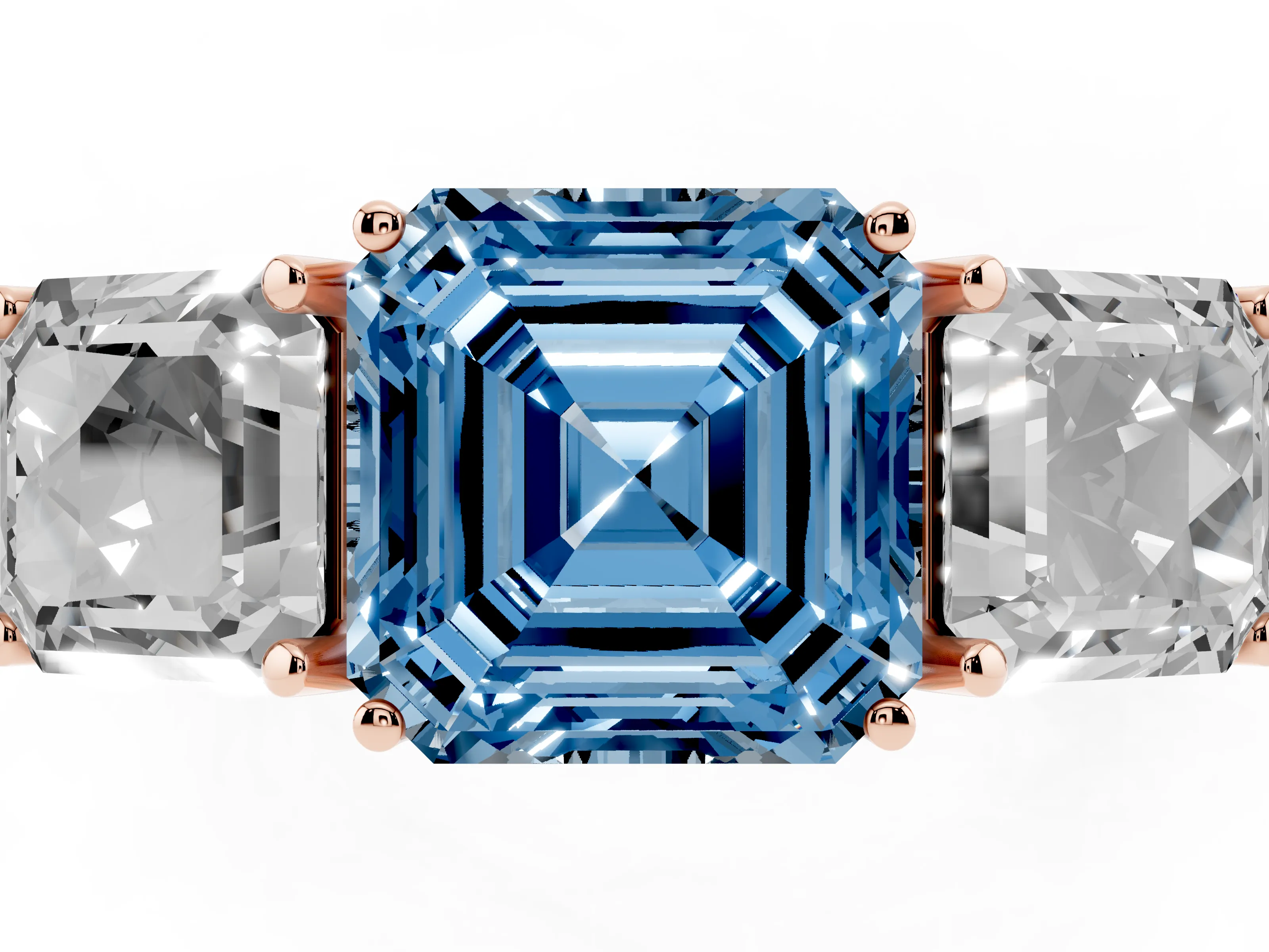 Fancy Blue Asscher Cut Diamond Three-Stone Engagement Ring Set in Rose gold with Milgrain Pavé Band