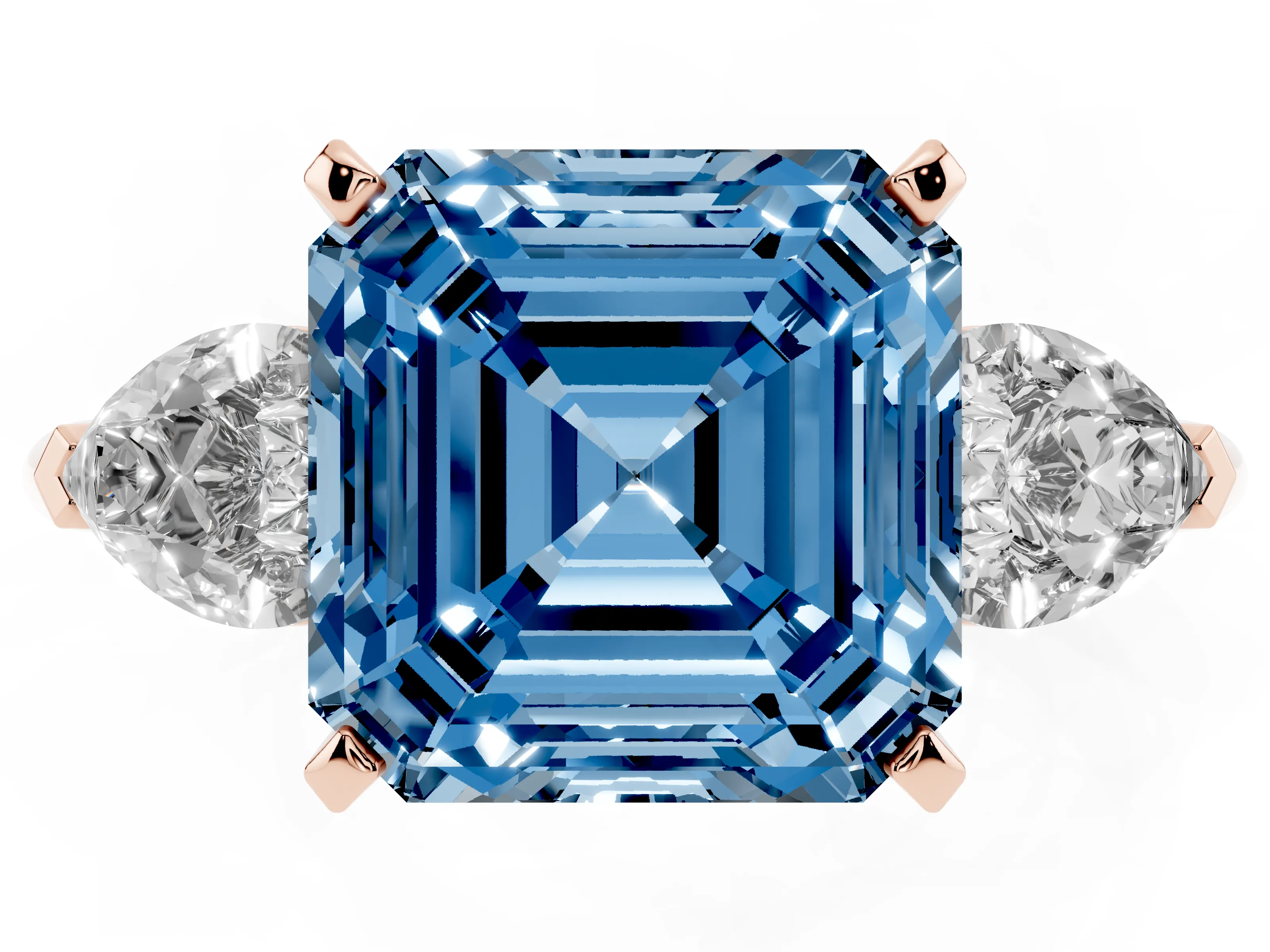 Fancy Blue Three-Stone Asscher Cut Diamond Ring Set in Rose gold with Pear Side Stones and Prong Setting