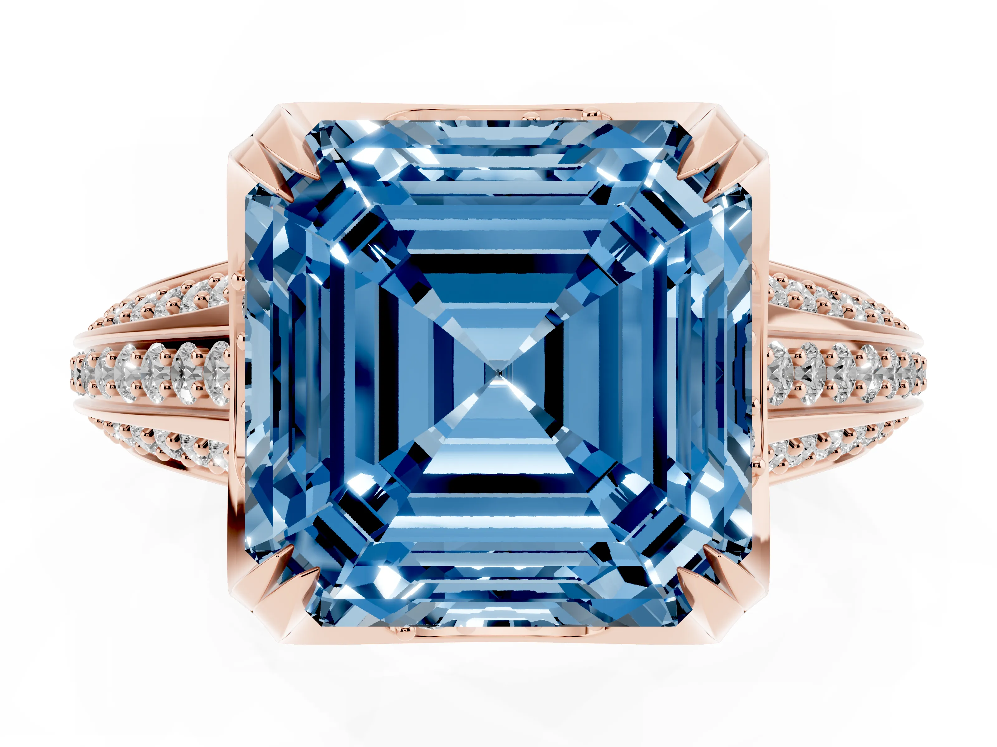 Fancy Blue Asscher Cut Diamond Pavé Split Shank Solitaire Ring Set in Rose gold with Prong Setting