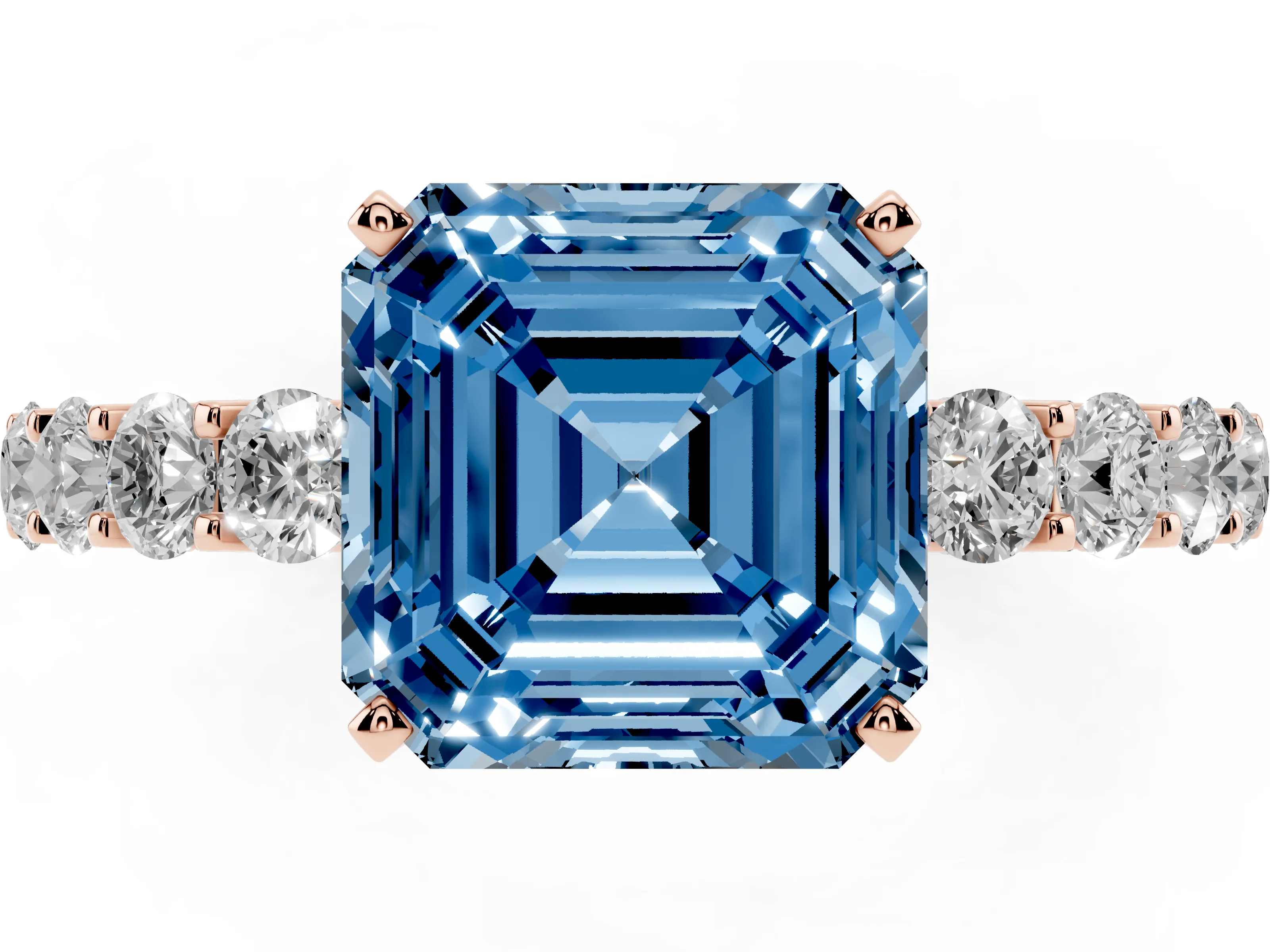 Fancy Blue Asscher Cut Diamond Solitaire Ring Set in Rose gold with Shared Prong Pavé Band