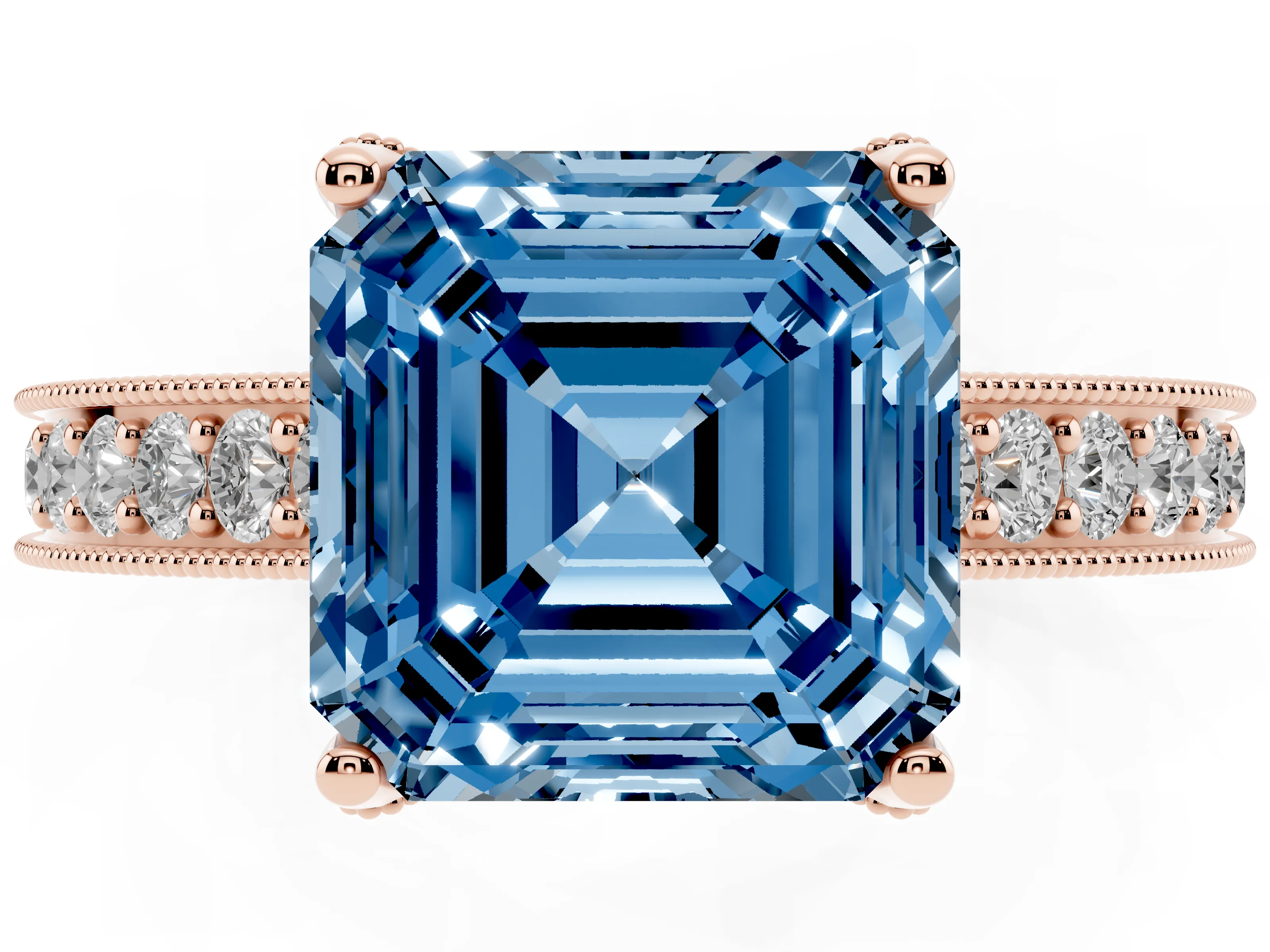 Fancy Blue Asscher Cut Diamond Solitaire Ring Set in Rose gold with Milgrain-Edged Pavé Band and Prong Setting