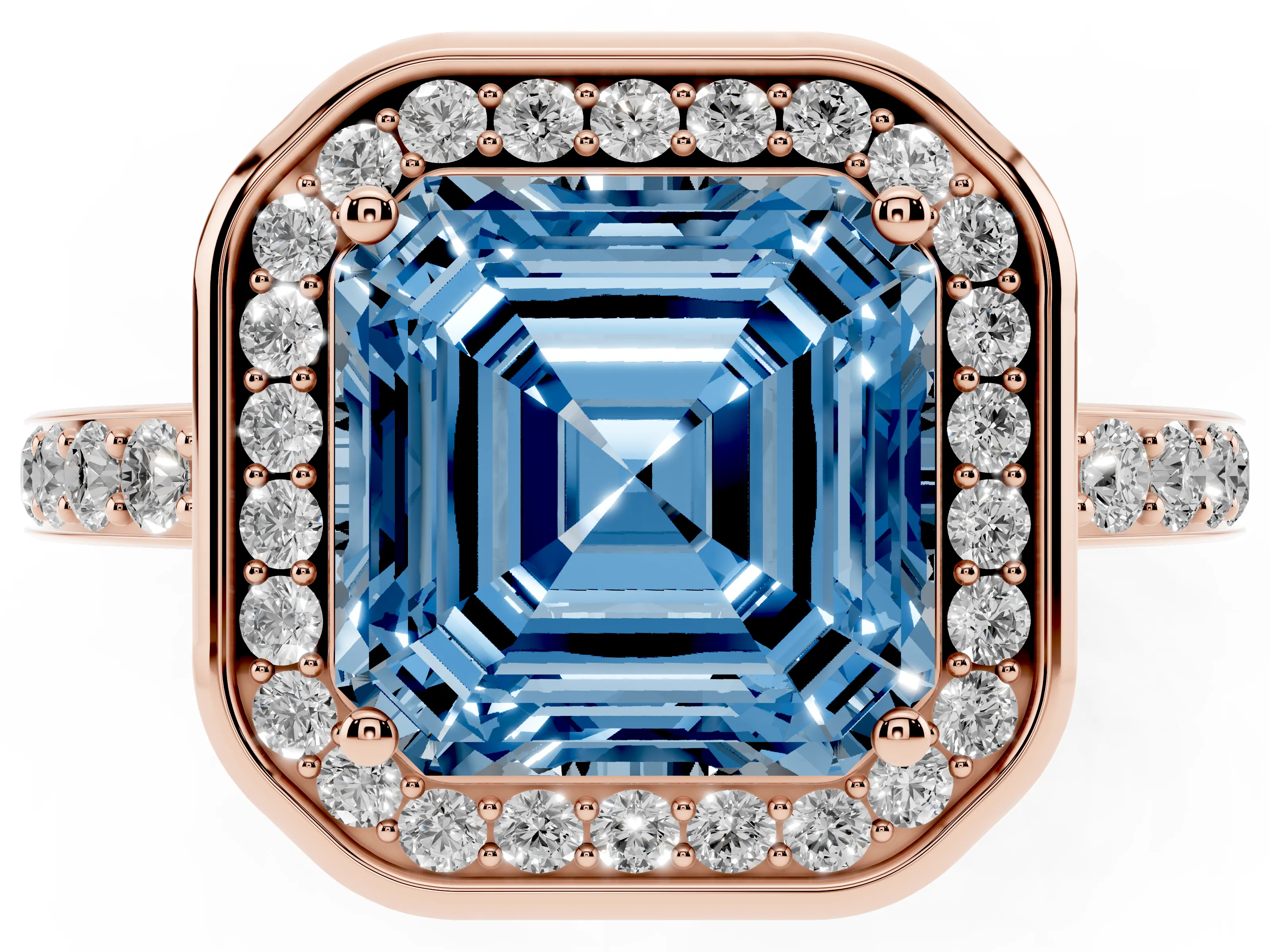 Fancy Blue Asscher Cut Diamond Halo Ring Set in Rose gold with Bezel Frame and Pavé Band