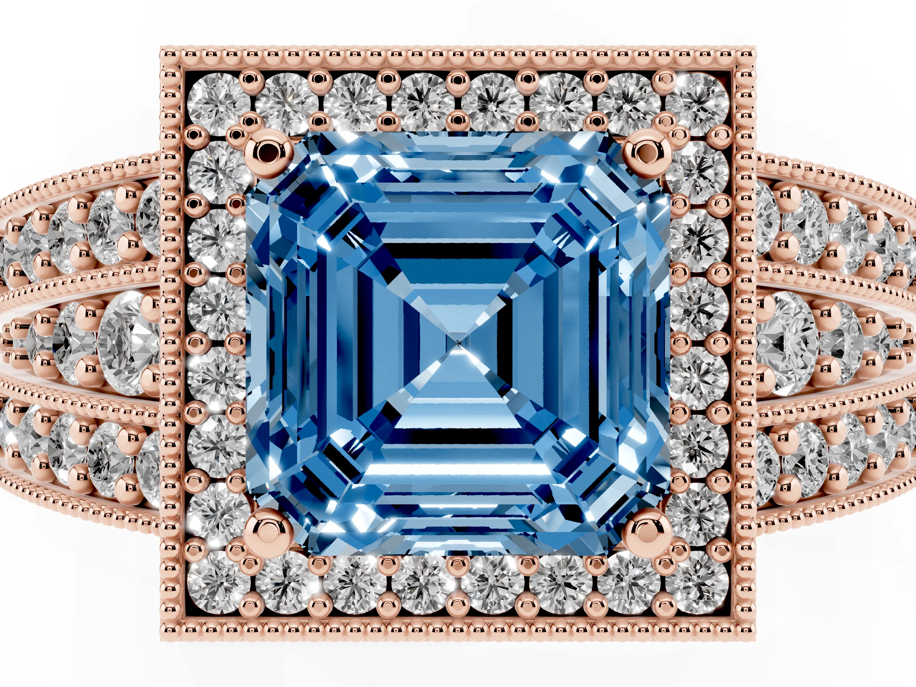 Fancy Blue Asscher Cut Diamond Halo Ring Set in Rose gold with Accent Split Shank and Prong Setting
