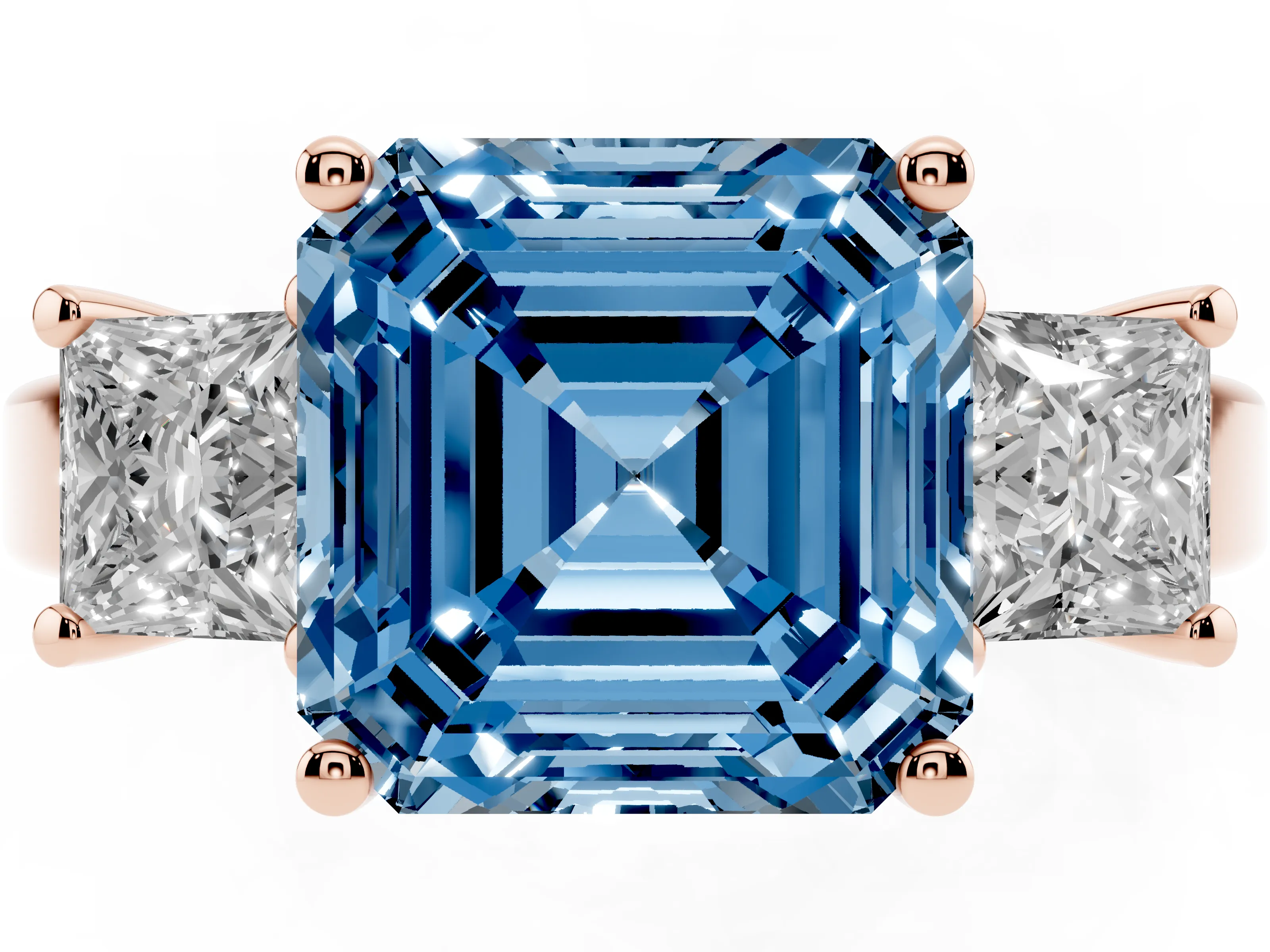 Fancy Blue Three-Stone Asscher Cut Diamond Solitaire Ring Set in Rose gold with Prong Setting