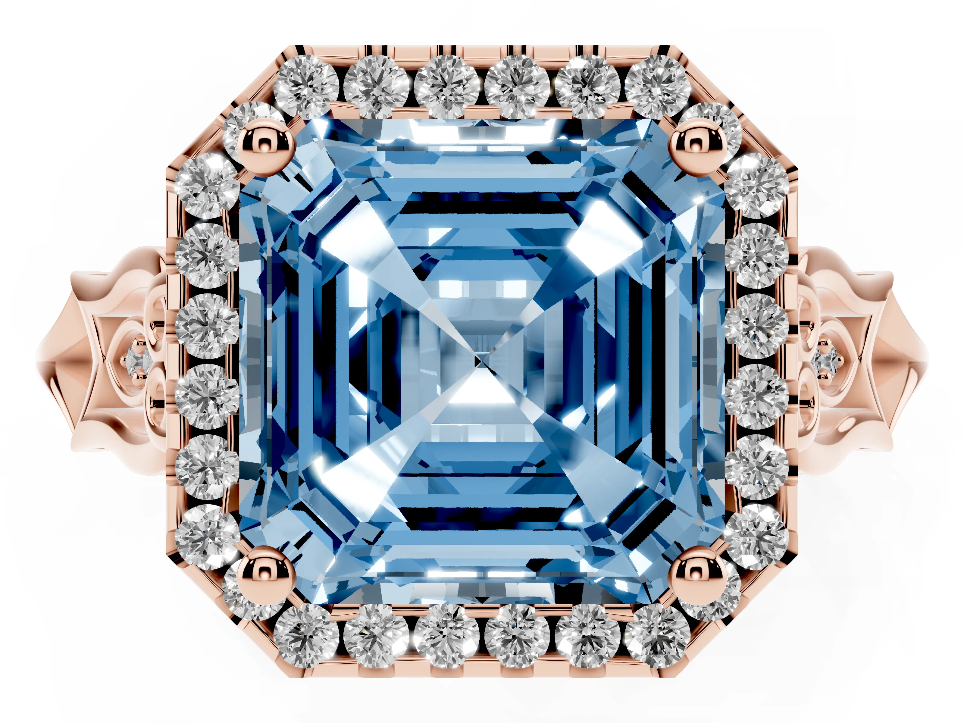 Fancy Blue Asscher Cut Diamond Halo Engagement Ring Set in Rose gold with Filigree Band and Prong-Set Center