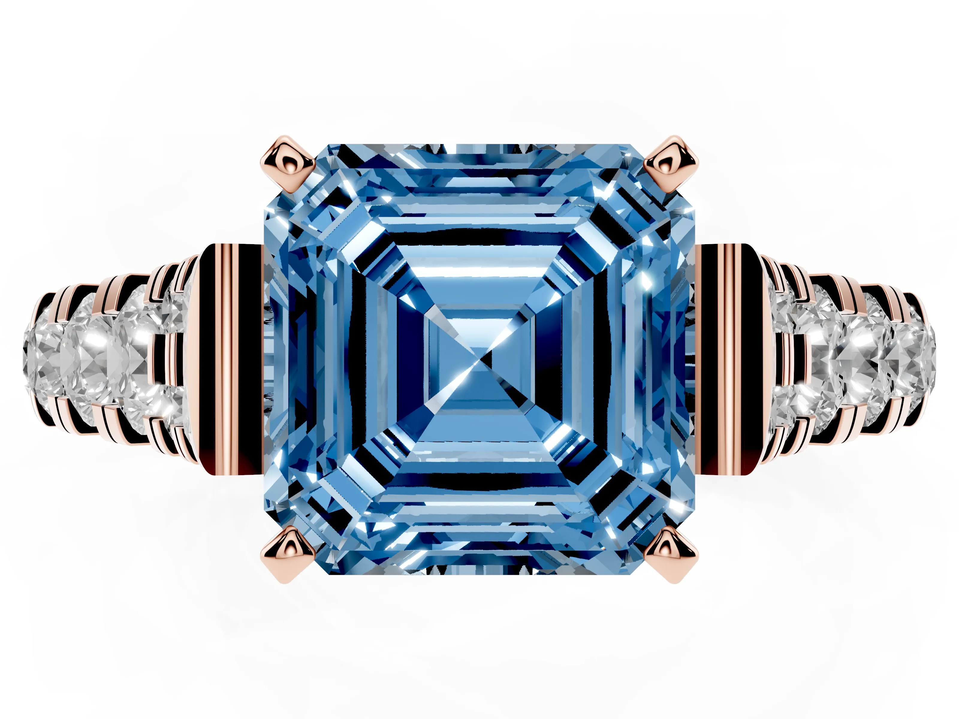Fancy Blue Asscher Cut Diamond Classic Solitaire Ring Set in Rose gold with Pavé Band and Prong Setting