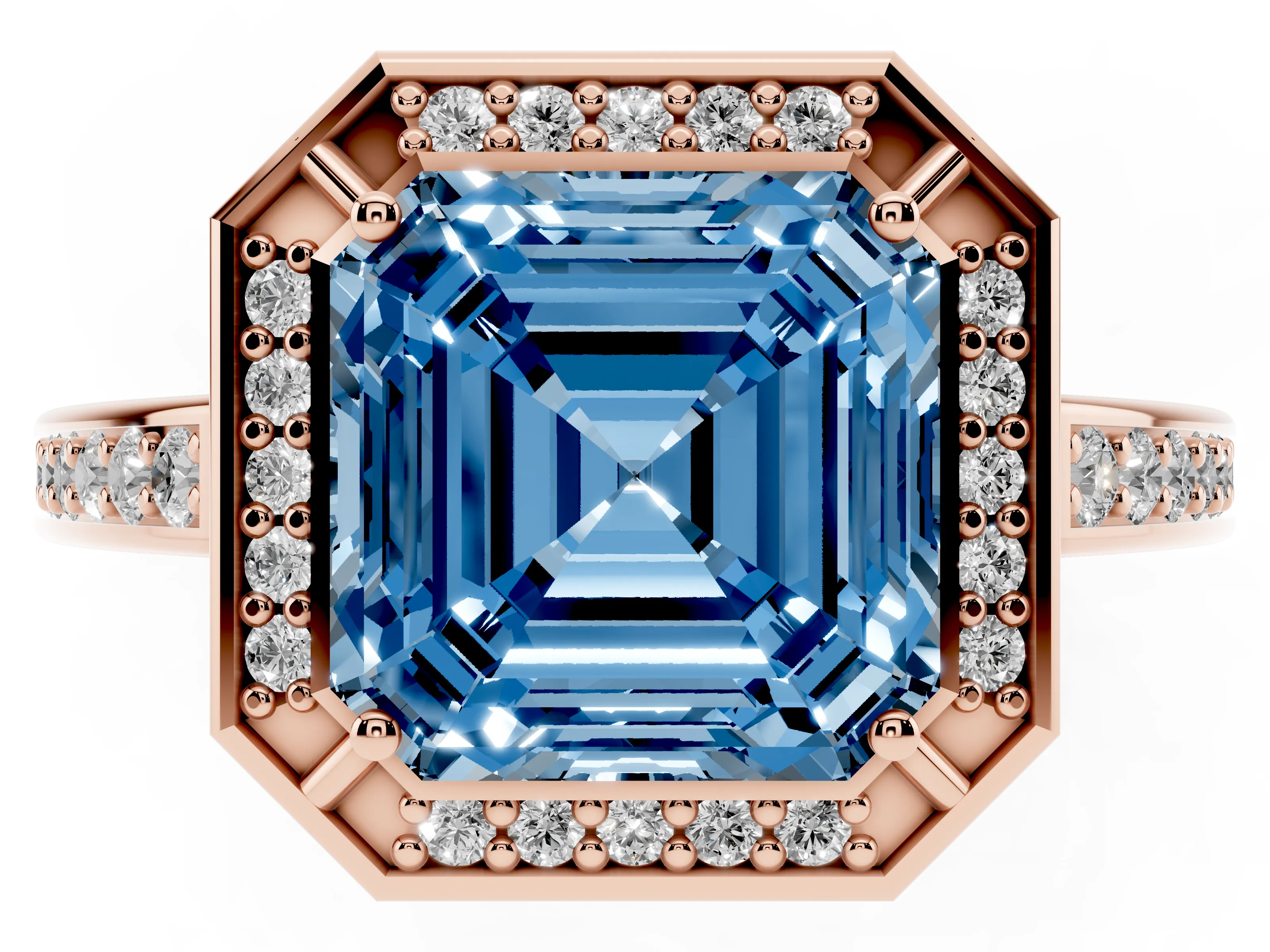 Fancy Blue Asscher Cut Diamond Halo Pavé Split Shank Ring Set in Rose gold with Prong Setting