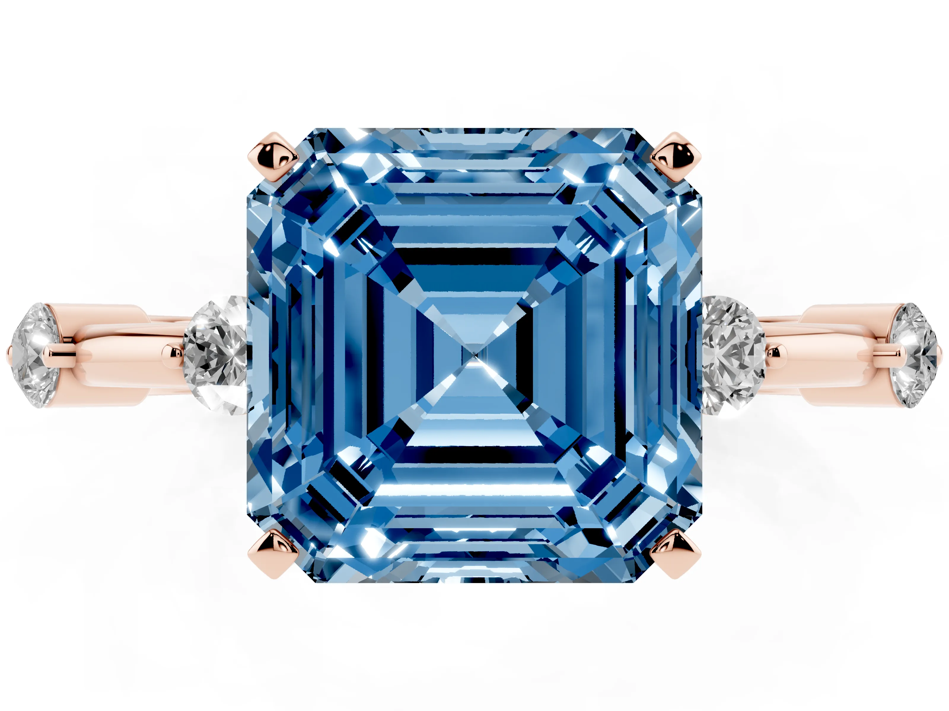 Fancy Blue Asscher Cut Diamond Solitaire Ring Set in Rose gold with Bezel Set Side Stones and Prong Setting