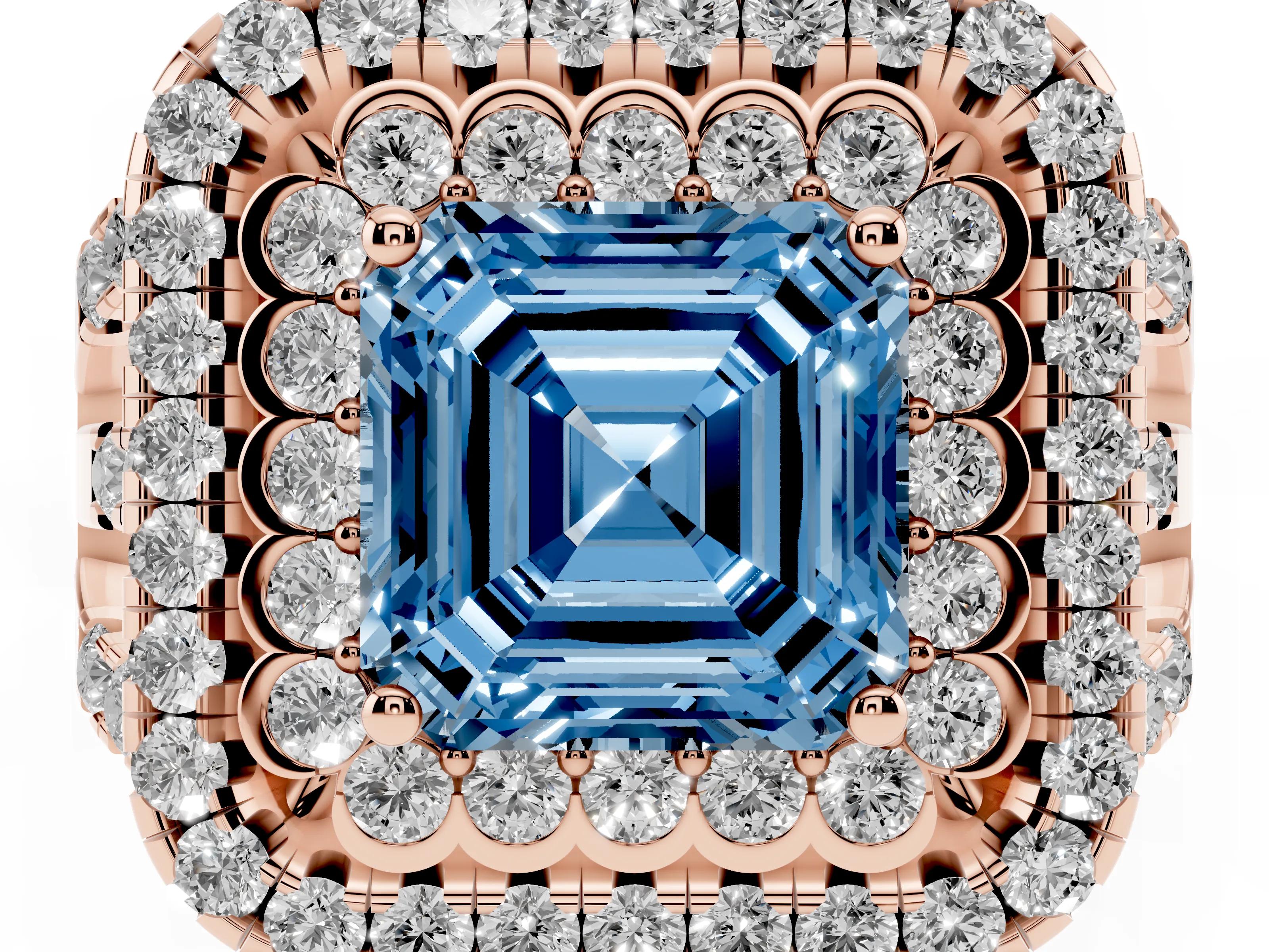 Fancy Blue Asscher Cut Diamond Double Halo Ring Set in Rose gold with Round Pavé Split Shank