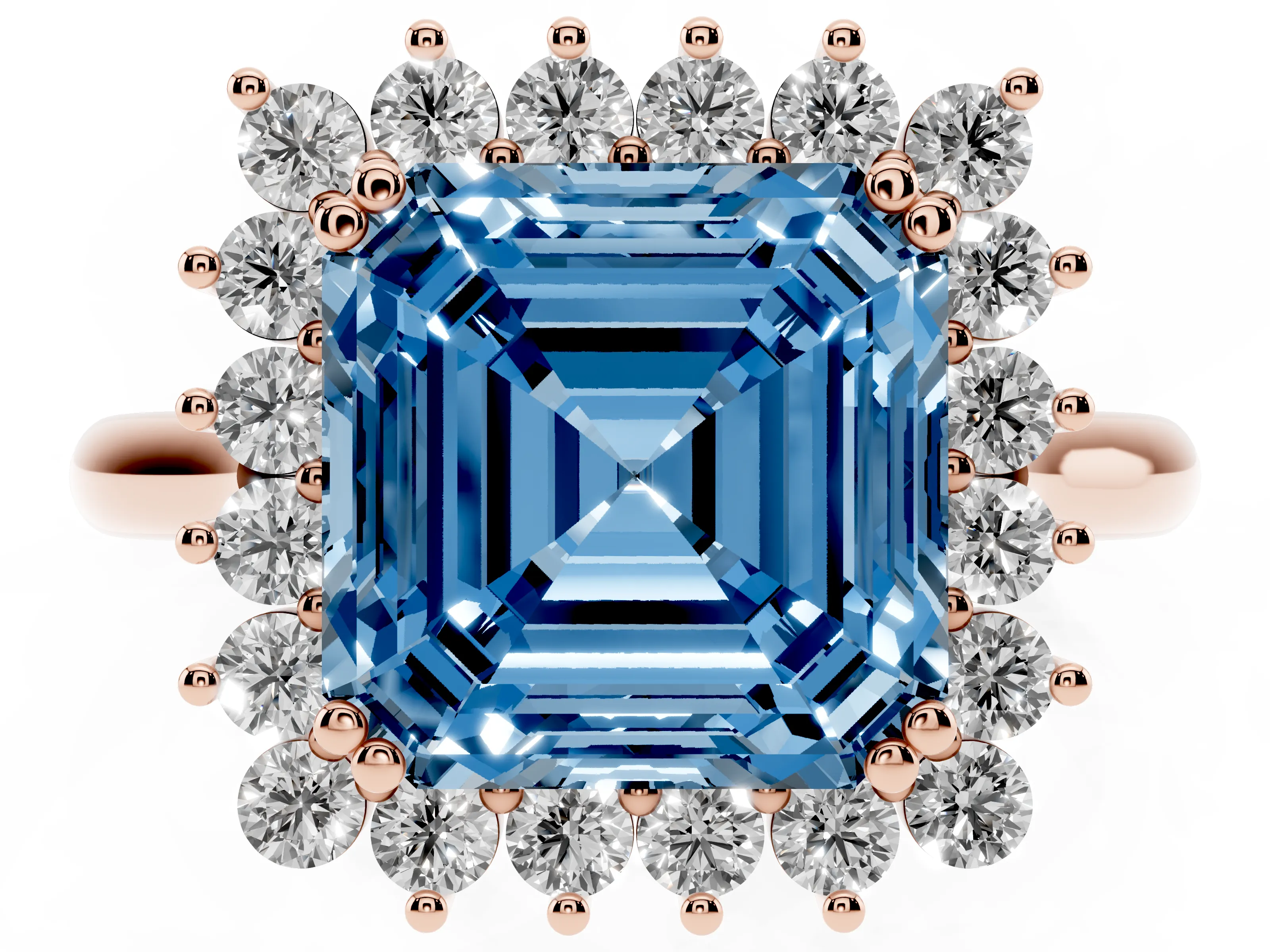 Fancy Blue Asscher Cut Diamond Halo Ring Set in Rose gold with Plain Solitaire Band and Prong Setting