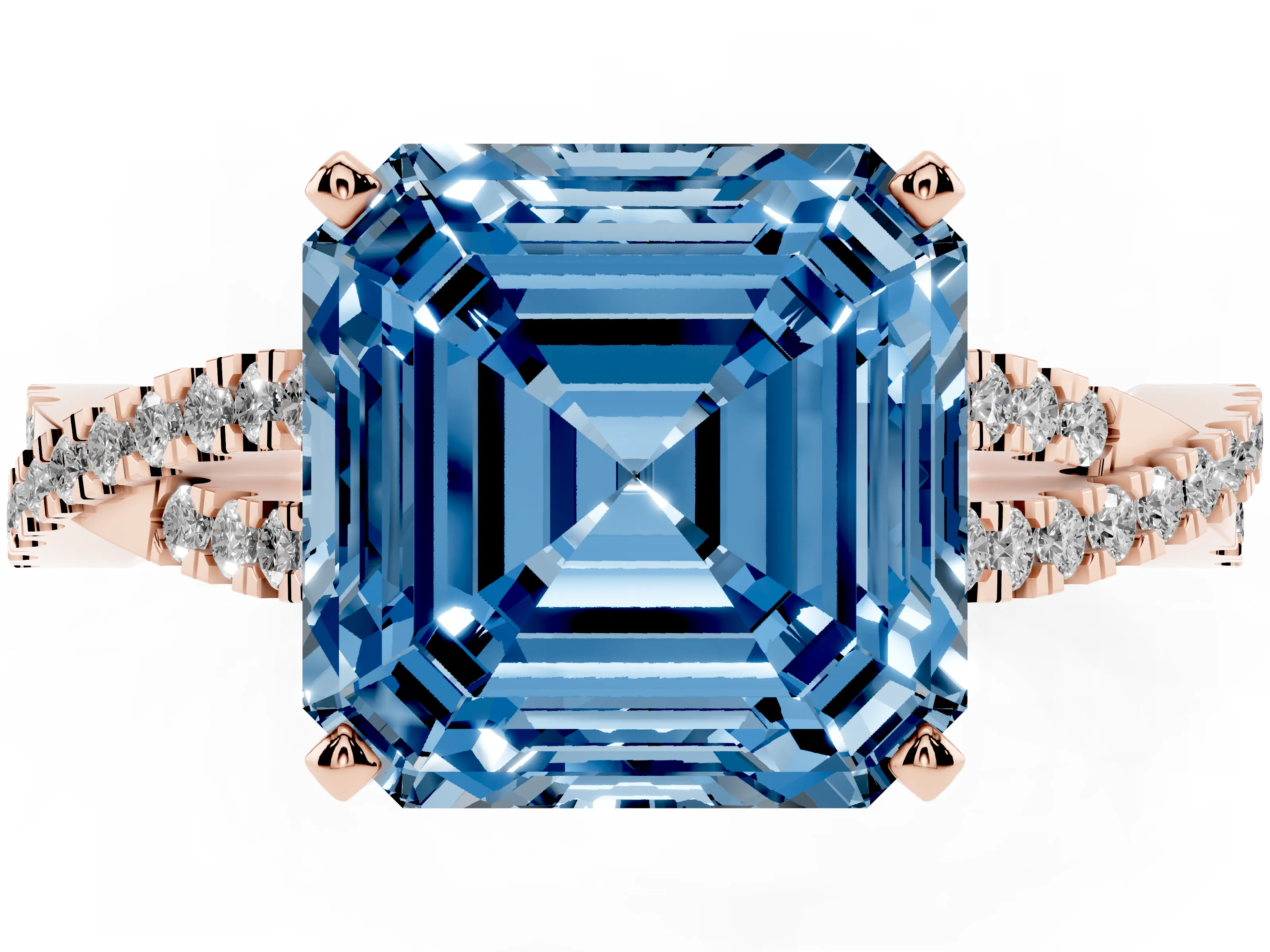 Fancy Blue Asscher Cut Diamond Solitaire Engagement Ring Set in Rose gold with Twisted Pavé Band and Prong Setting