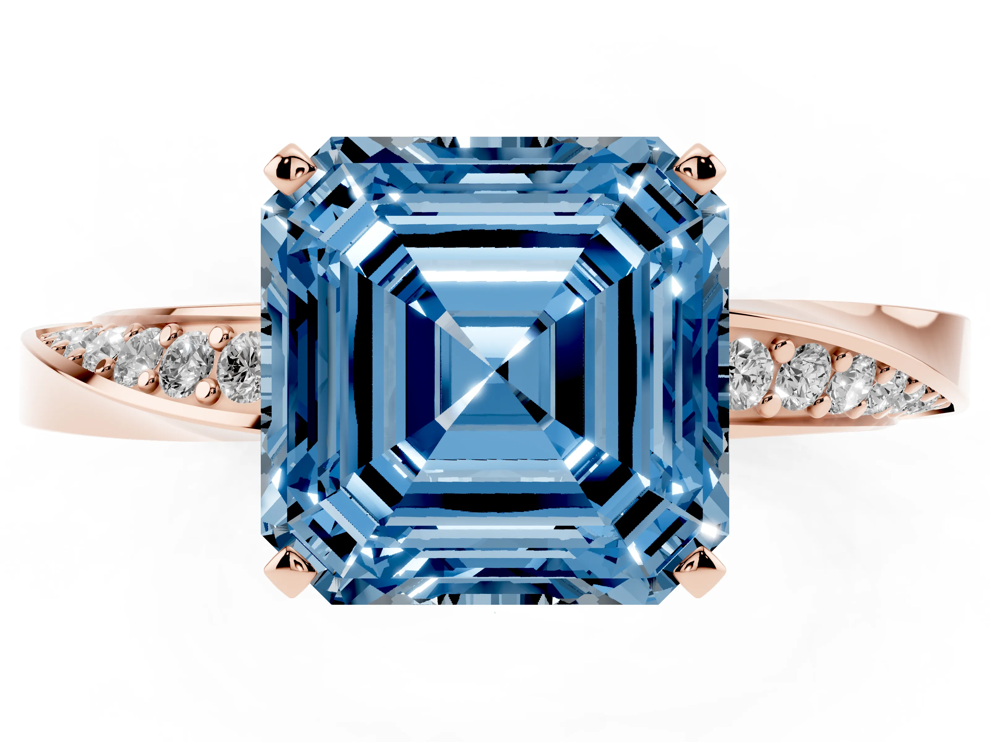 Fancy Blue Asscher Cut Diamond Engagement Ring Set in Rose gold with Side Stone Accents and Prong Setting