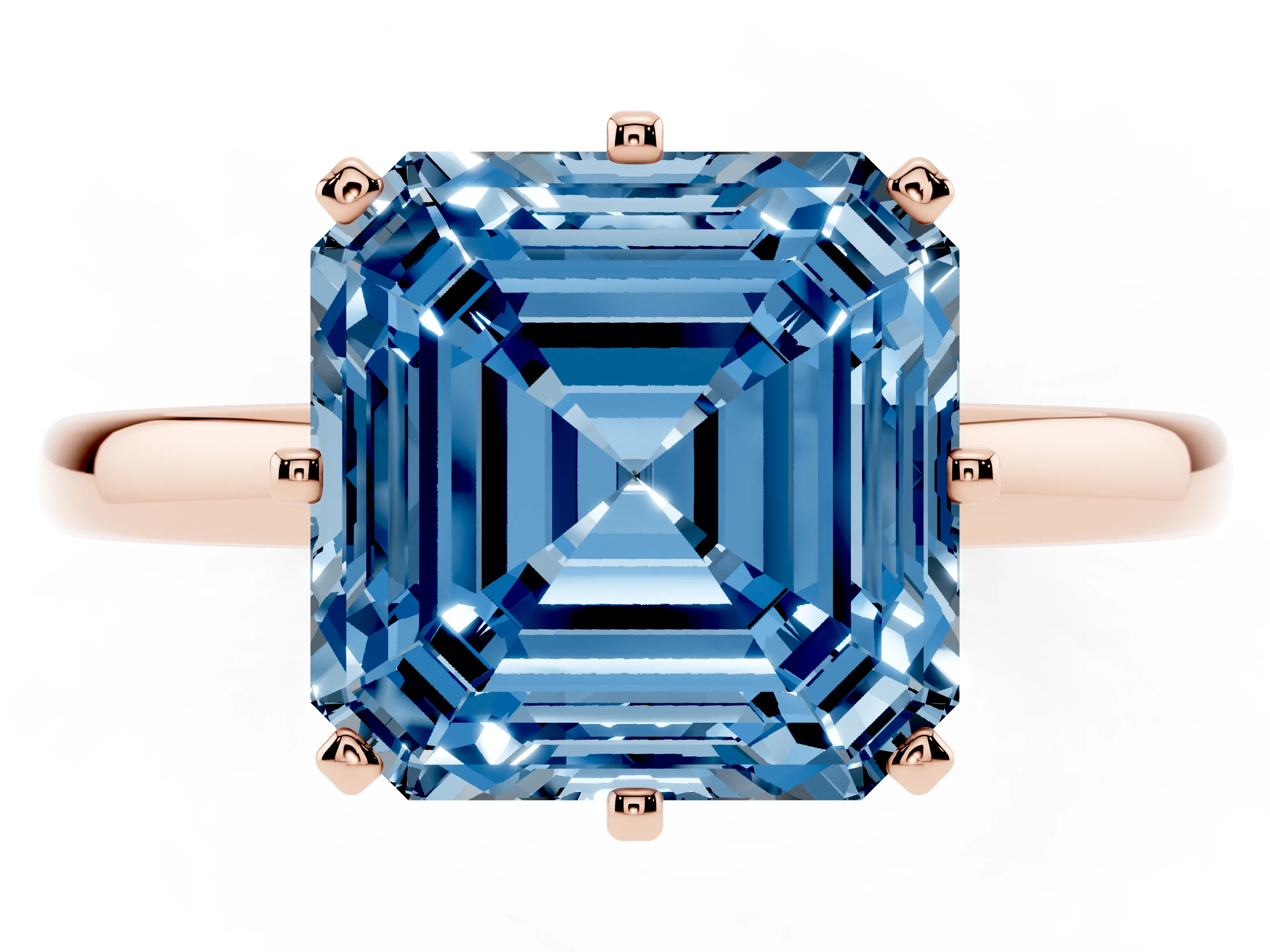 Fancy Blue Asscher Cut Diamond Solitaire Ring Set in Rose gold with Raised Prong Setting on a Classic Band