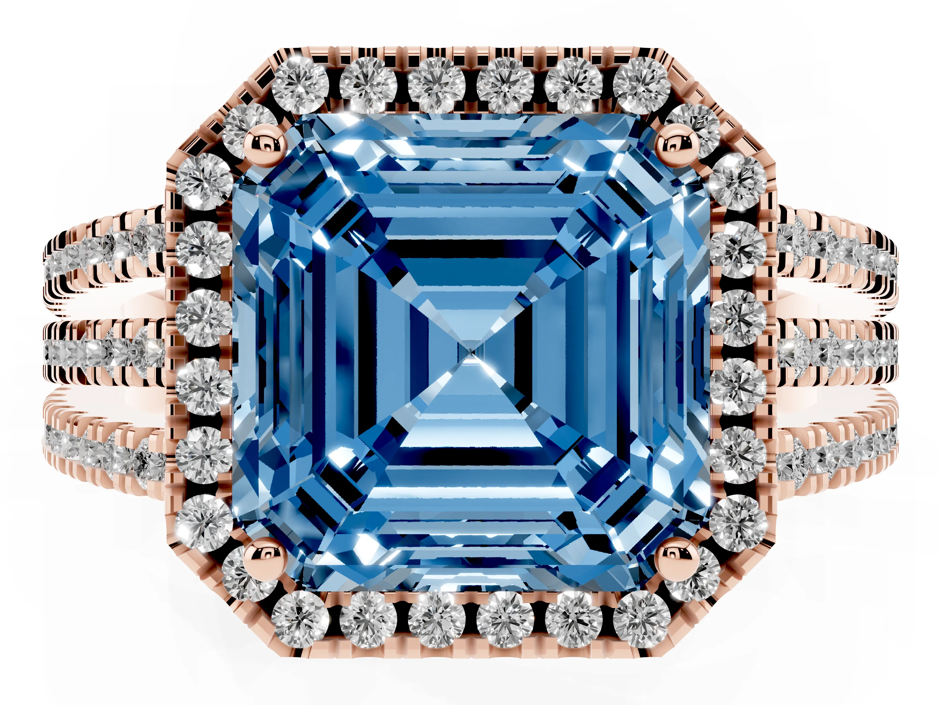 Fancy Blue Asscher Cut Diamond Halo Split Shank Engagement Ring Set in Rose gold with Prong Setting