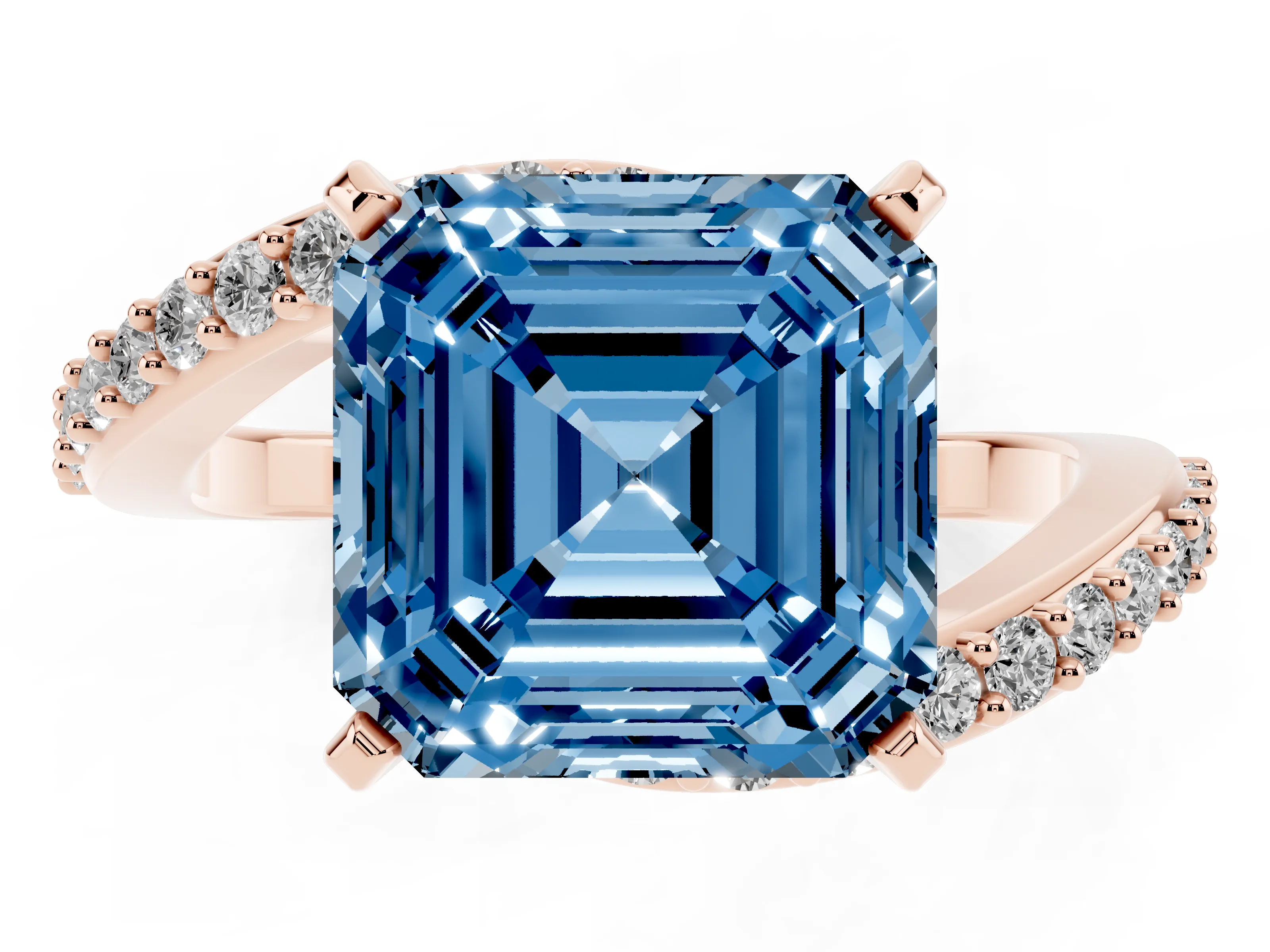 Fancy Blue Asscher Cut Diamond Solitaire Ring Set in Rose gold with Pavé Twist Band and Prong Setting