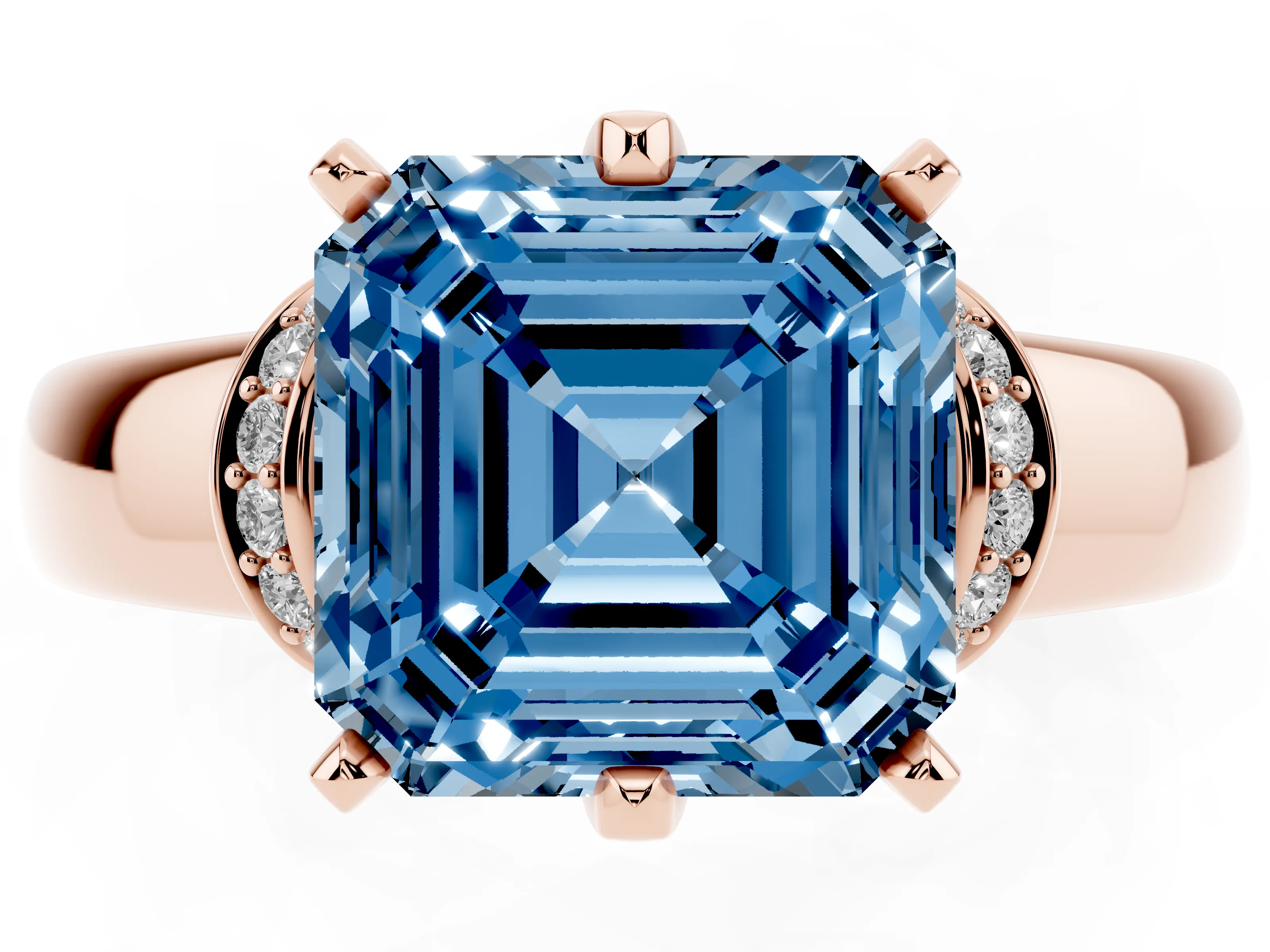 Fancy Blue Asscher Cut Diamond Pavé Band Solitaire Ring Set in Rose gold with Prong Setting