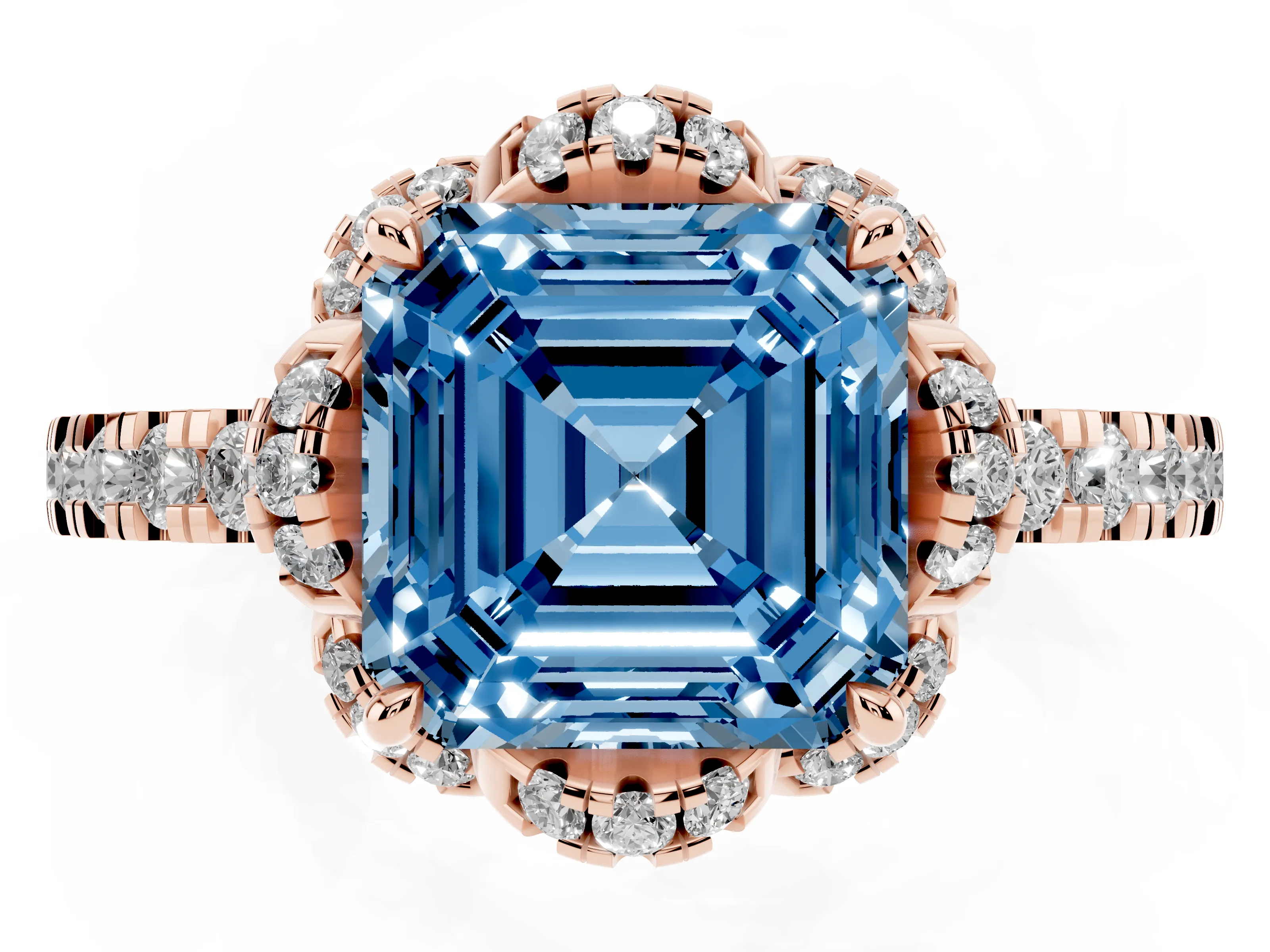 Fancy Blue Asscher Cut Diamond Halo Pavé Ring Set in Rose gold with Prong-Held Center Stone