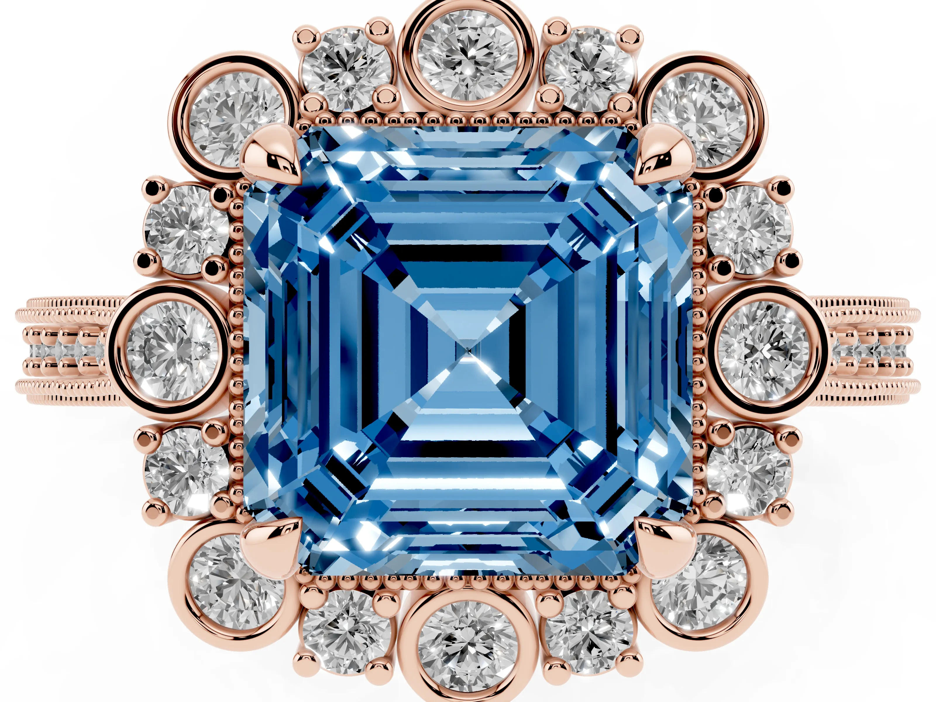 Fancy Blue Asscher Cut Diamond Halo Milgrain Pavé Ring Set in Rose gold with Prong Setting