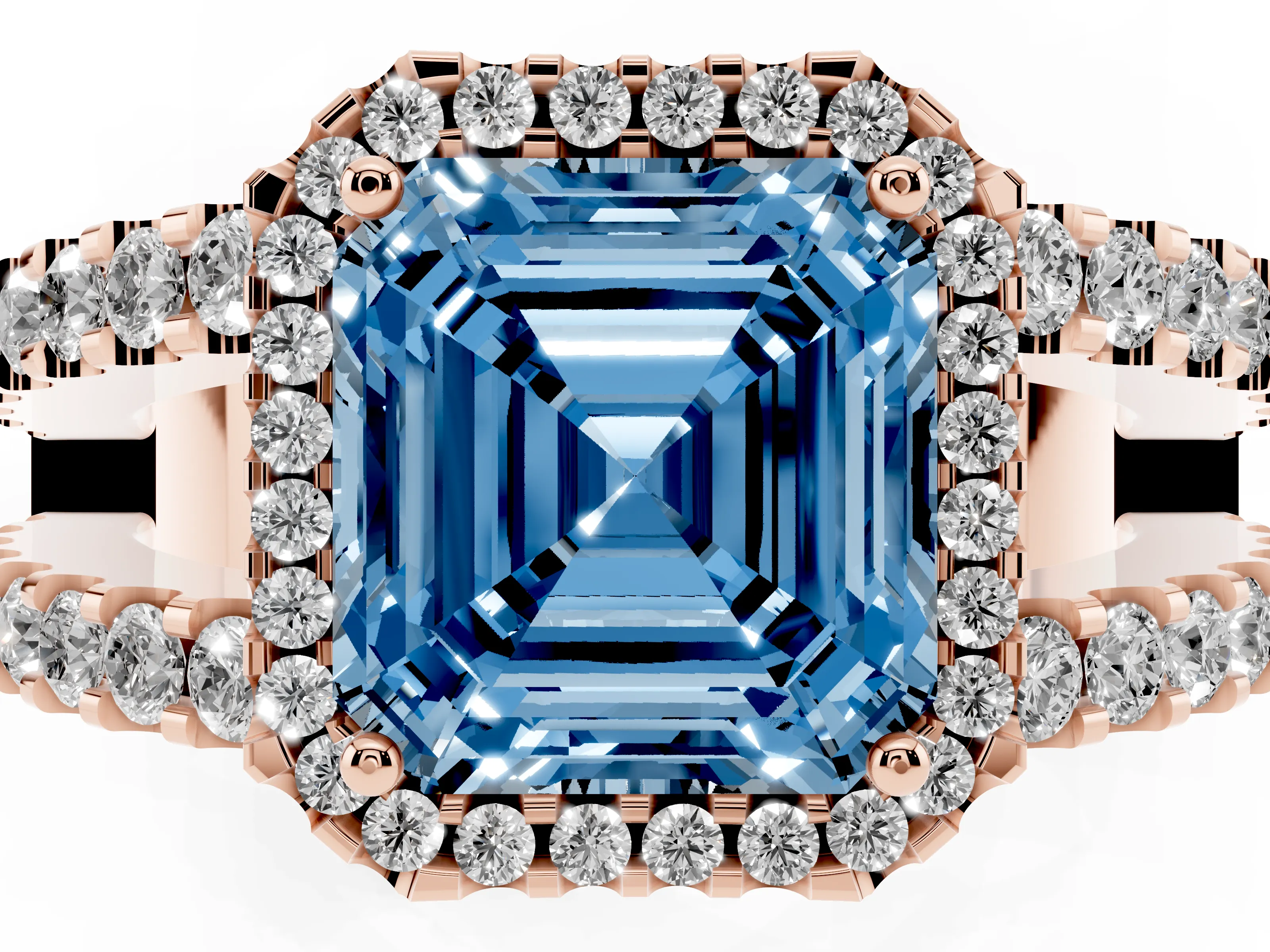 Fancy Blue Asscher Cut Diamond Halo Ring Set in Rose gold with Pavé Split Shank and Prong Setting