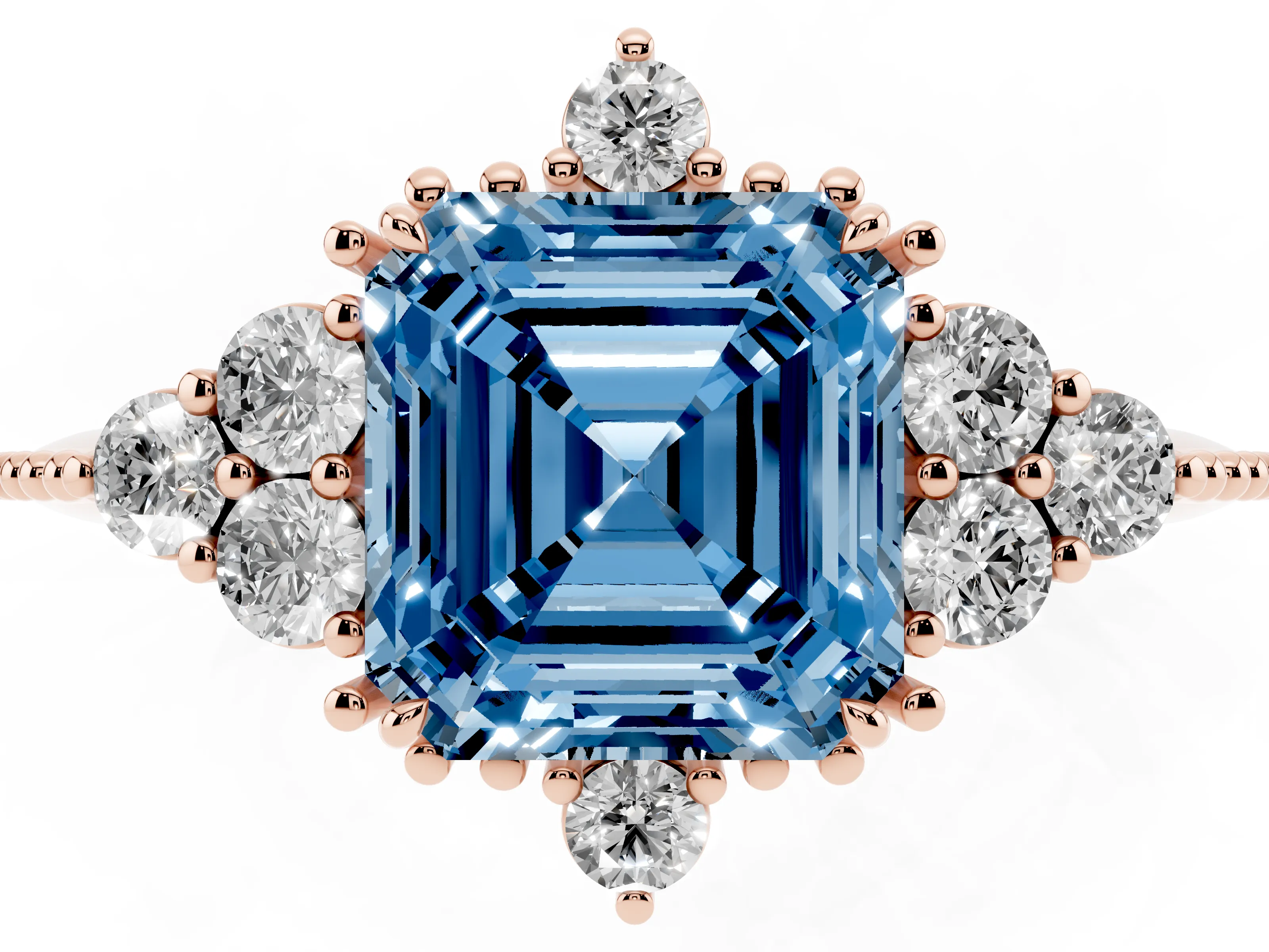 Fancy Blue Asscher Cut Diamond Cluster Ring Set in Rose gold with Beaded Band